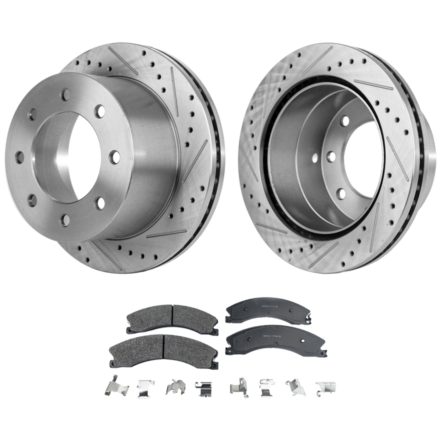 2-Wheel Set Rear Brake Disc and Pad Kit, Cross-drilled and Slotted 8 Lugs 354.9 mm Semi-metallic Pro-Line Series, Includes (1) Brake Pad Set and (2) Brake Disc