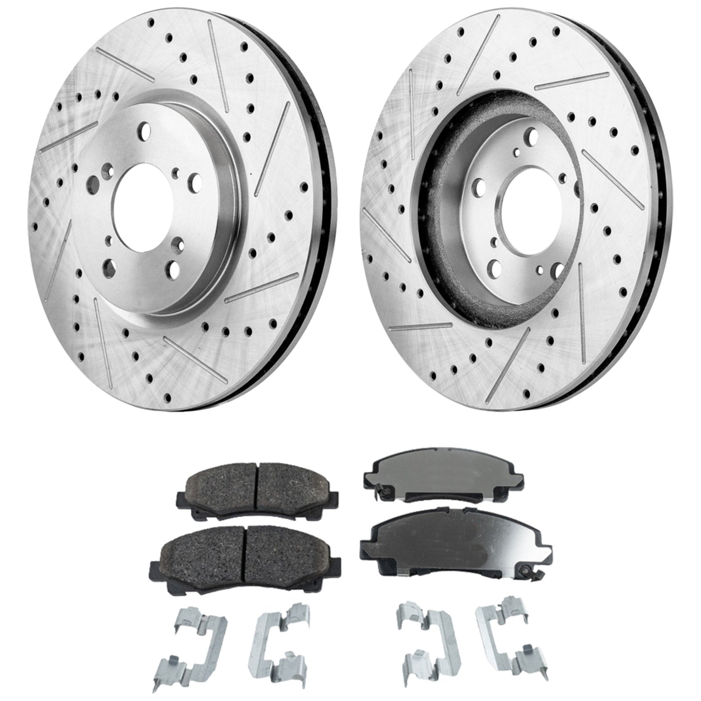 2-Wheel Set Front Brake Disc and Pad Kit, Cross-drilled and Slotted 5 Lugs 320 mm Ceramic Pro-Line Series, Includes (2) Brake Disc and (1) Brake Pad Set
