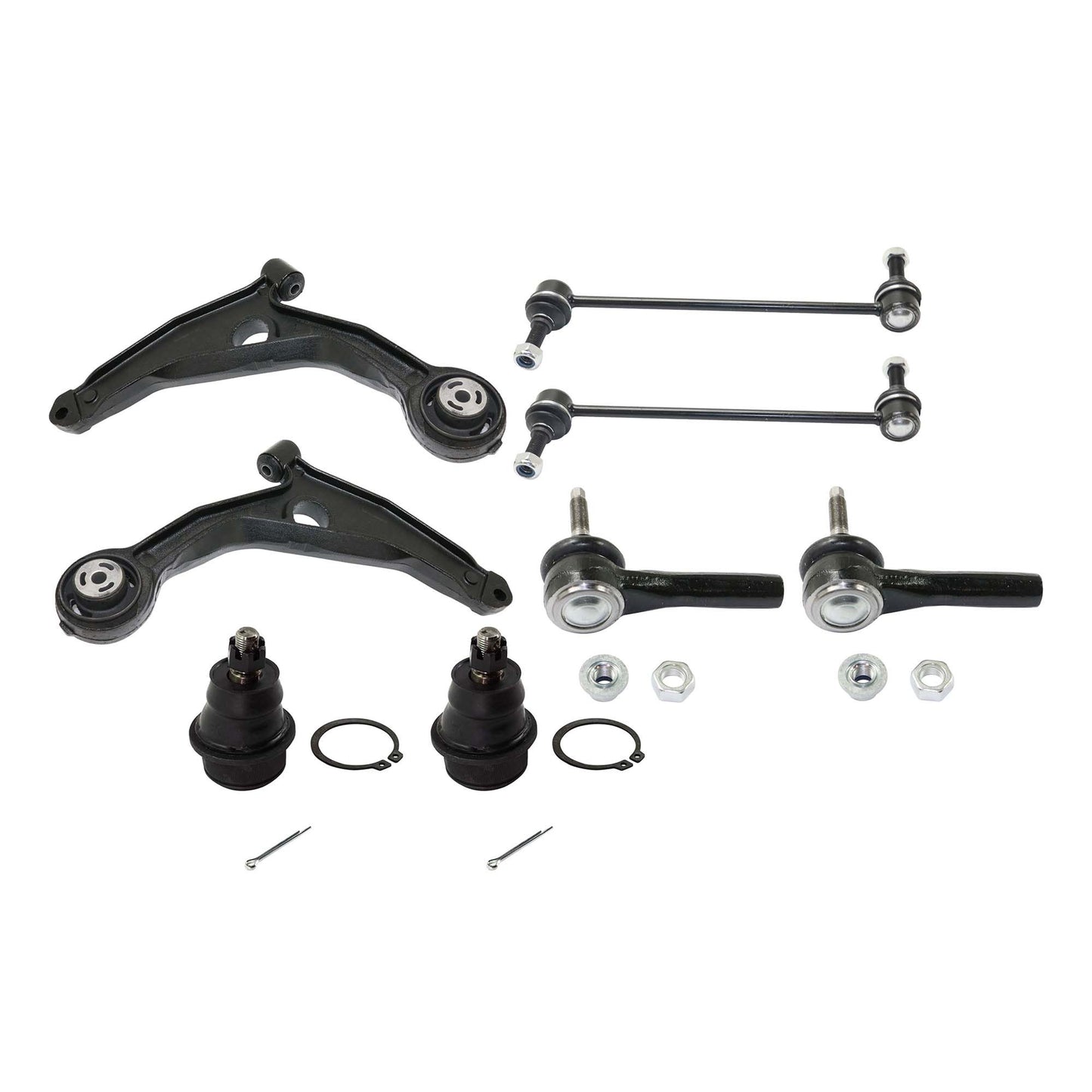8-Piece Kit Front, Driver and Passenger Side, Lower Control Arm Kit, Includes (2) Control Arm, (2) Sway Bar Link, (2) Tie Rod End and (2) Ball Joint