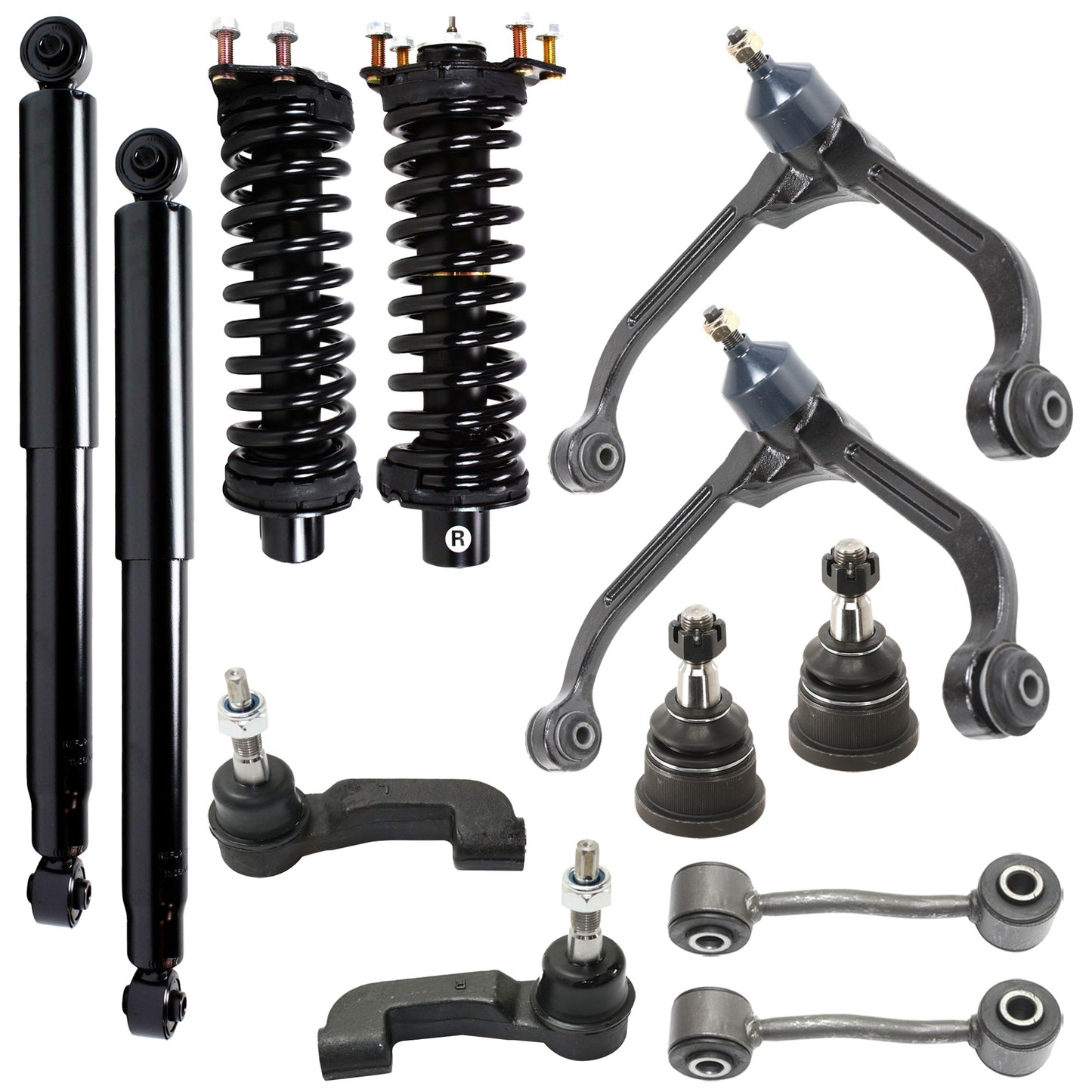 12-Piece Kit Front, Driver and Passenger Side, Upper Control Arm Kit, Includes (2) Control Arm, (2) Ball Joint, (2) Sway Bar Link, (2) Tie Rod End and (4) Shock Absorber and Strut Assembly