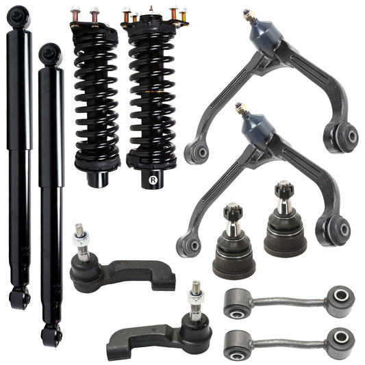 12-Piece Kit Front, Driver and Passenger Side, Upper Control Arm Kit, Includes (2) Control Arm, (2) Ball Joint, (2) Sway Bar Link, (2) Tie Rod End and (4) Shock Absorber and Strut Assembly