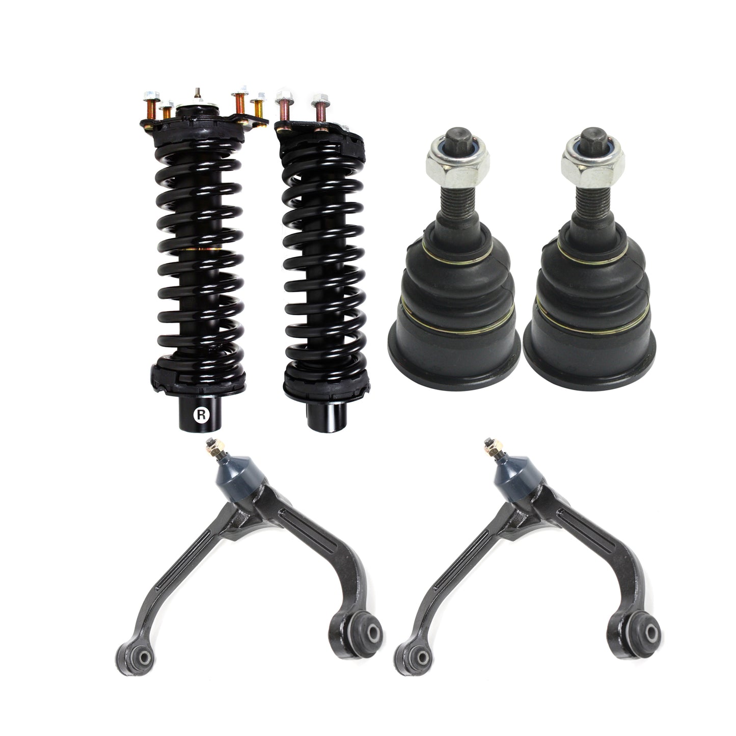 6-Piece Kit Front, Driver and Passenger Side, Upper Control Arm Kit, Includes (2) Control Arm, (2) Ball Joint and (2) Shock Absorber and Strut Assembly