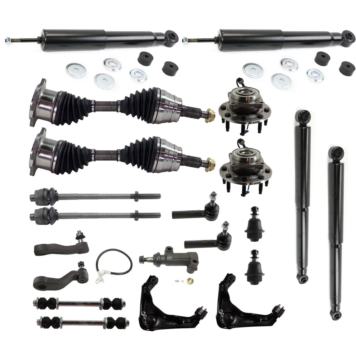 21-Piece Front Suspension Kit Includes (2) Control Arm, (2) Ball Joint, (2) Sway Bar, (4) Tie Rod End, (1) Idler Arm, (1) Pitman Arm, (1) Bracket, (2) Axle Assembly, (4) Shock and Strut (2) Wheel Hub