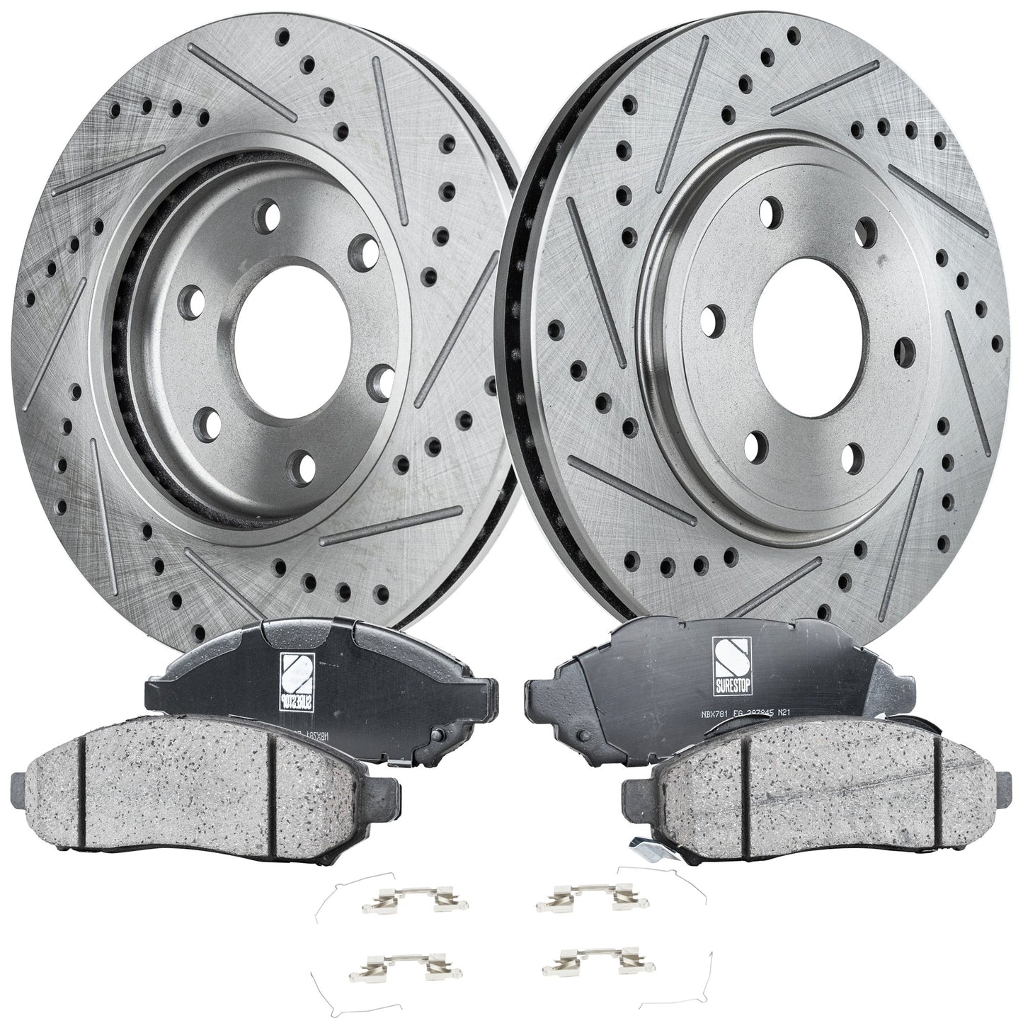 2-Wheel Set Front Brake Disc and Pad Kit, Cross-drilled and Slotted 6 Lugs 283 mm Ceramic Pro-Line Series, Includes (2) Brake Disc and (1) Brake Pad Set