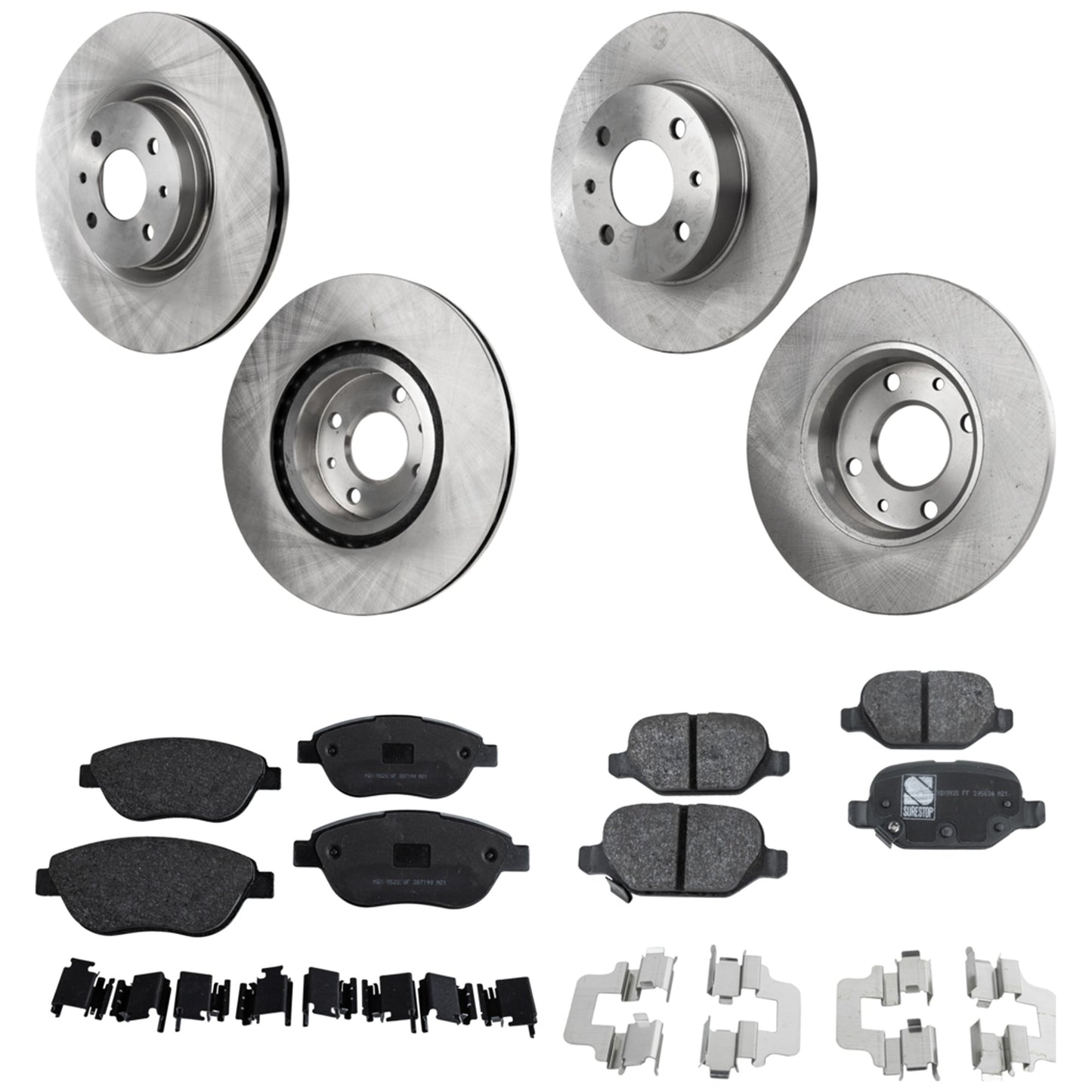 4-Wheel Set Front and Rear Brake Disc and Pad Kit, Plain Surface 4 Lugs Front-283.97 mm/Rear-240.54 mm Front-Ceramic/Rear-Organic Pro-Line Series, Includes (4) Brake Disc and (2) Brake Pad Set