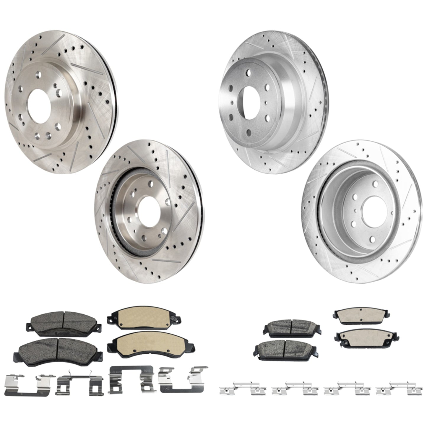 4-Wheel Set Front and Rear Brake Disc and Pad Kit, Cross-drilled and Slotted 6 Lugs Front-329.95 mm/Rear-344.93 mm Ceramic, Includes (2) Brake Pad Set and (4) Brake Disc