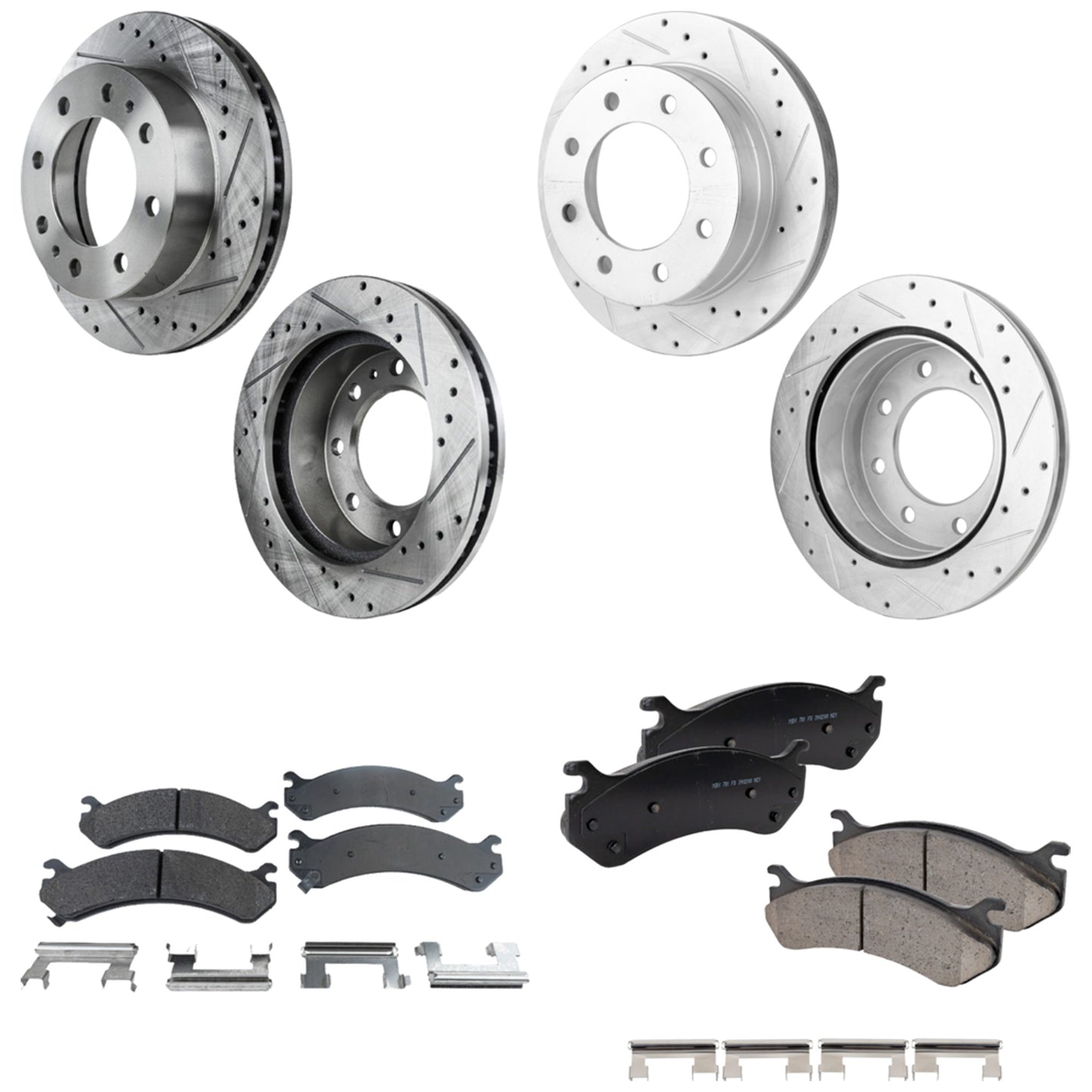 4-Wheel Set Front and Rear Brake Disc and Pad Kit, Cross-drilled and Slotted 8 Lugs Front-324.87 mm/Rear-329.95 mm Ceramic, Includes (2) Brake Pad Set and (4) Brake Disc