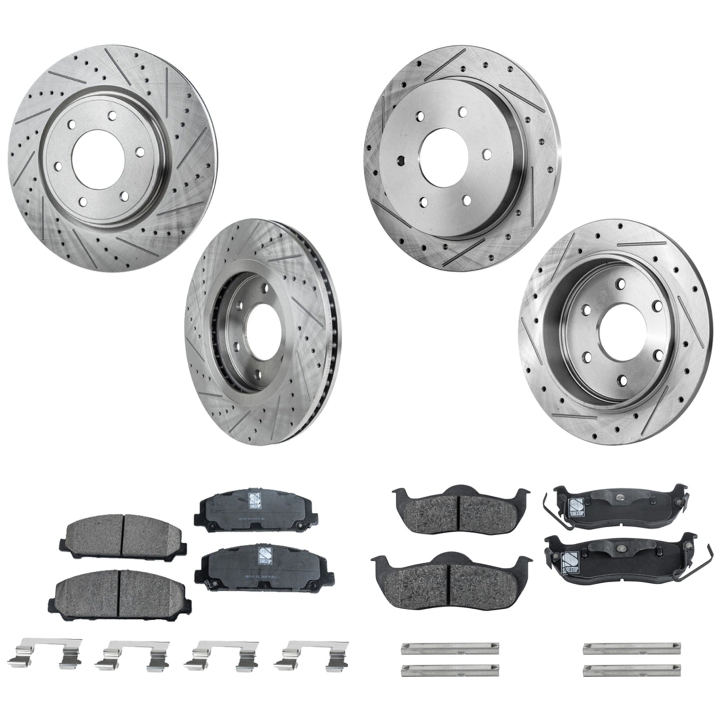 4-Wheel Set Front and Rear Brake Disc and Pad Kit, Cross-drilled and Slotted 6 Lugs Front-350.01 mm/Rear-320.04 mm Front-Ceramic/Rear-Semi-Metallic, Includes (2) Brake Pad Set and (4) Brake Disc