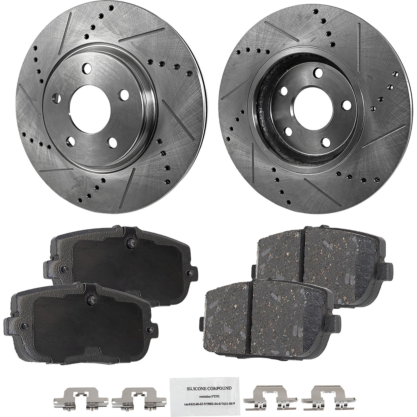 2-Wheel Set Rear Brake Disc and Pad Kit, Cross-drilled and Slotted 280 mm Organic Pro-Line Series, Includes (1) Brake Pad Set and (2) Brake Disc