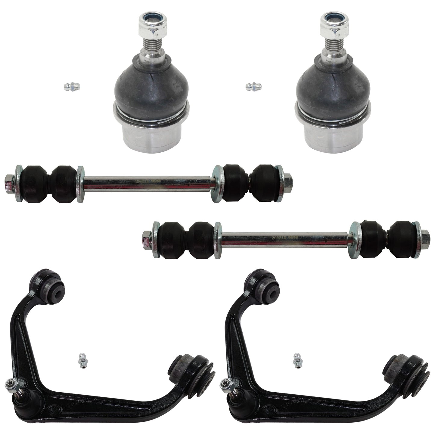 6-Piece Kit Front, Driver and Passenger Side, Upper Control Arm, includes (2) Ball Joint, (2) Control Arm, and (2) Sway Bar Link
