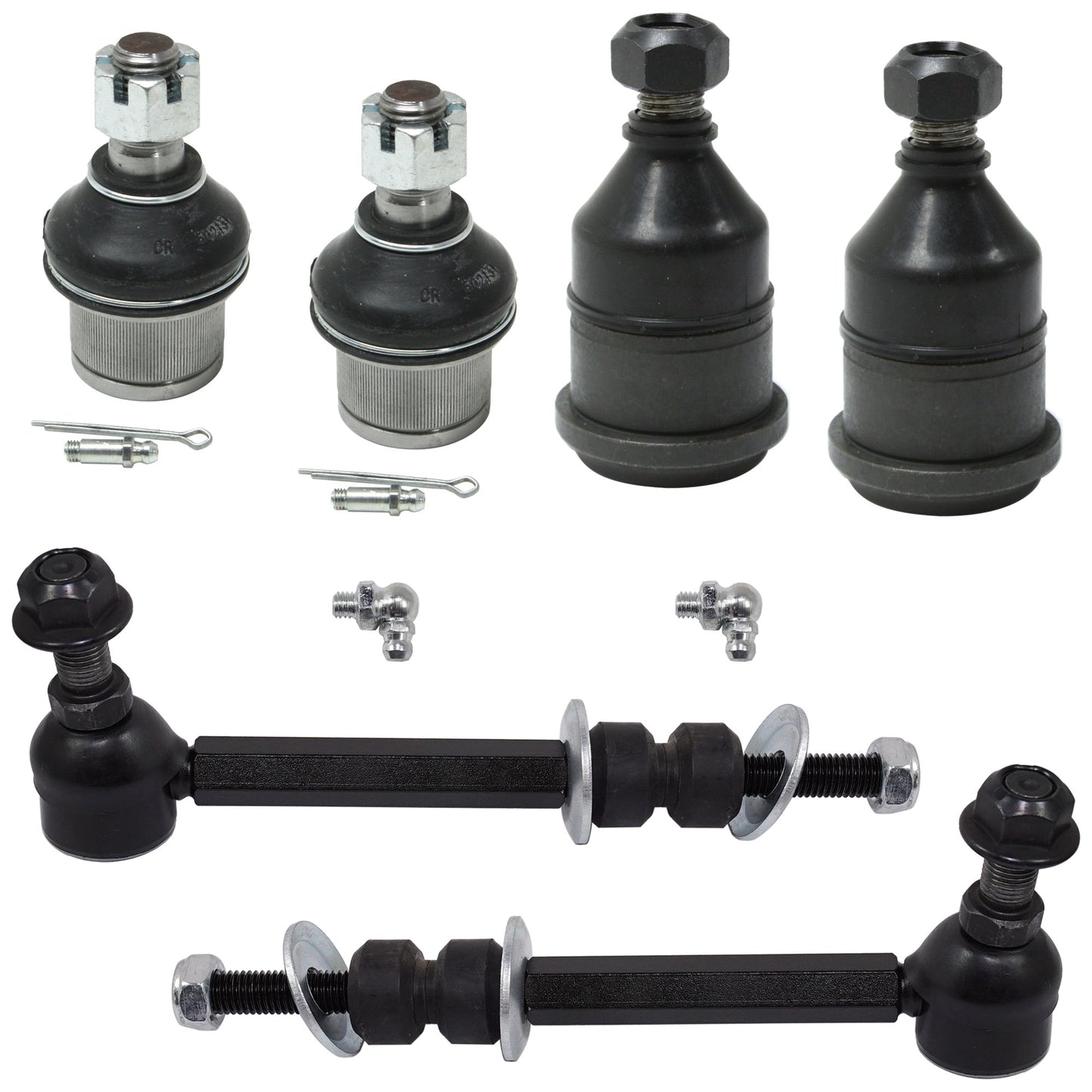 6-Piece Kit Front, Driver and Passenger Side, Upper and Lower Ball Joint, includes (4) Ball Joint and (2) Sway Bar Link
