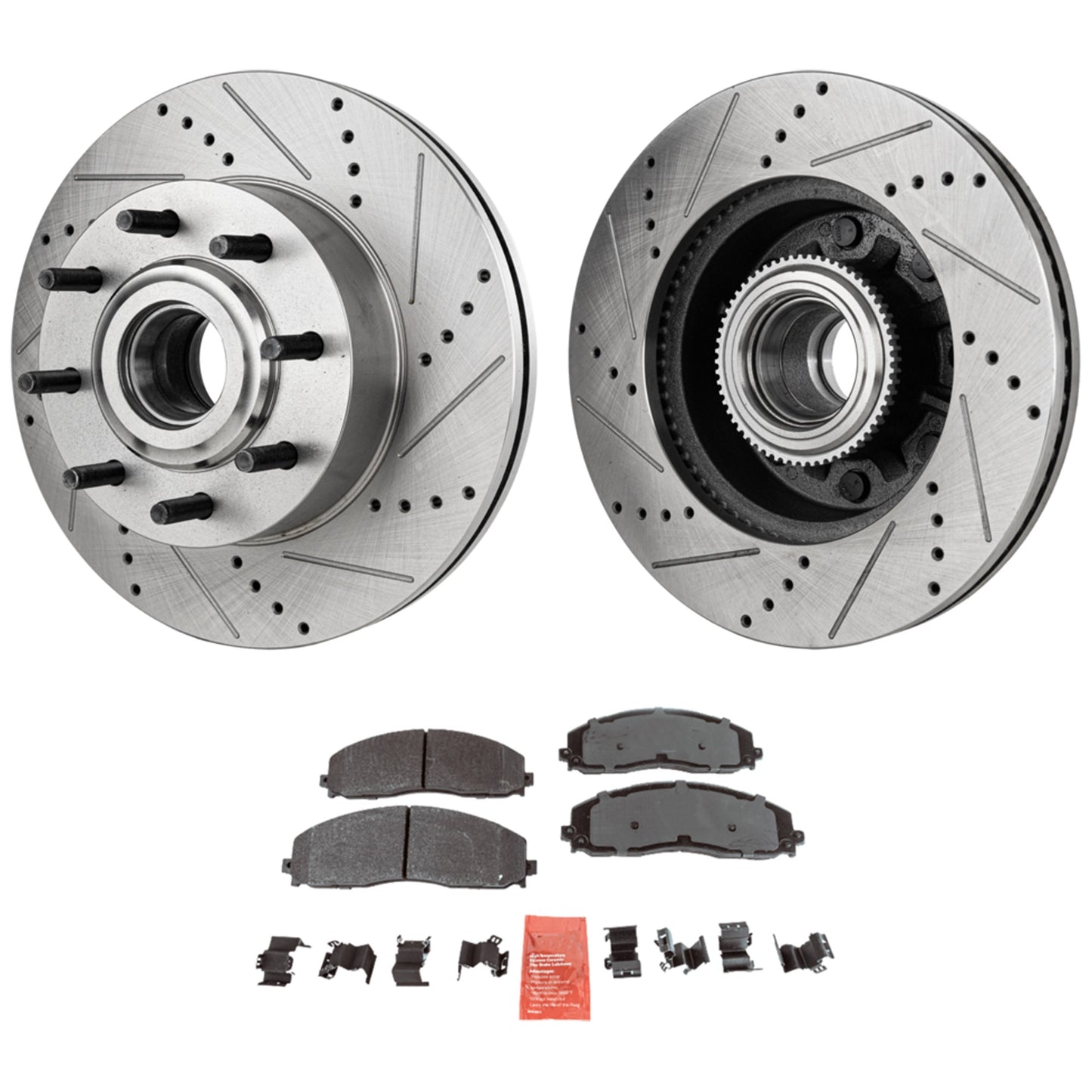 2-Wheel Set Front Brake Disc and Pad Kit, Cross-drilled and Slotted 8 Lugs 363 mm Semi-metallic RWD Pro-Line Series, Includes (2) Brake Disc and (1) Brake Pad Set