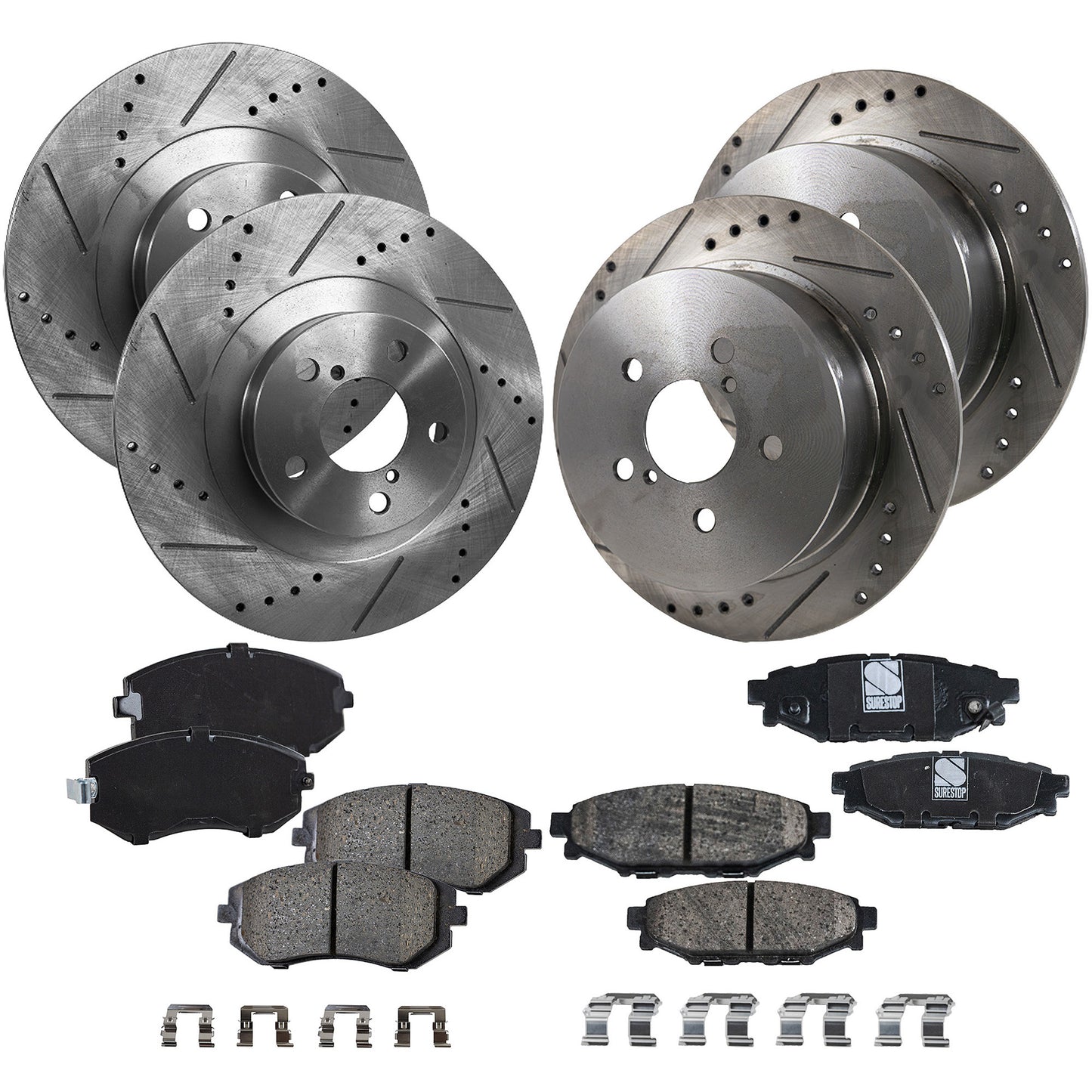 4-Wheel Set Front and Rear Brake Disc and Pad Kit, Cross-drilled and Slotted 5 Lugs Front-293.4 mm/Rear-273.81 mm Ceramic Pro-Line Series, Includes (4) Brake Disc and (2) Brake Pad Set