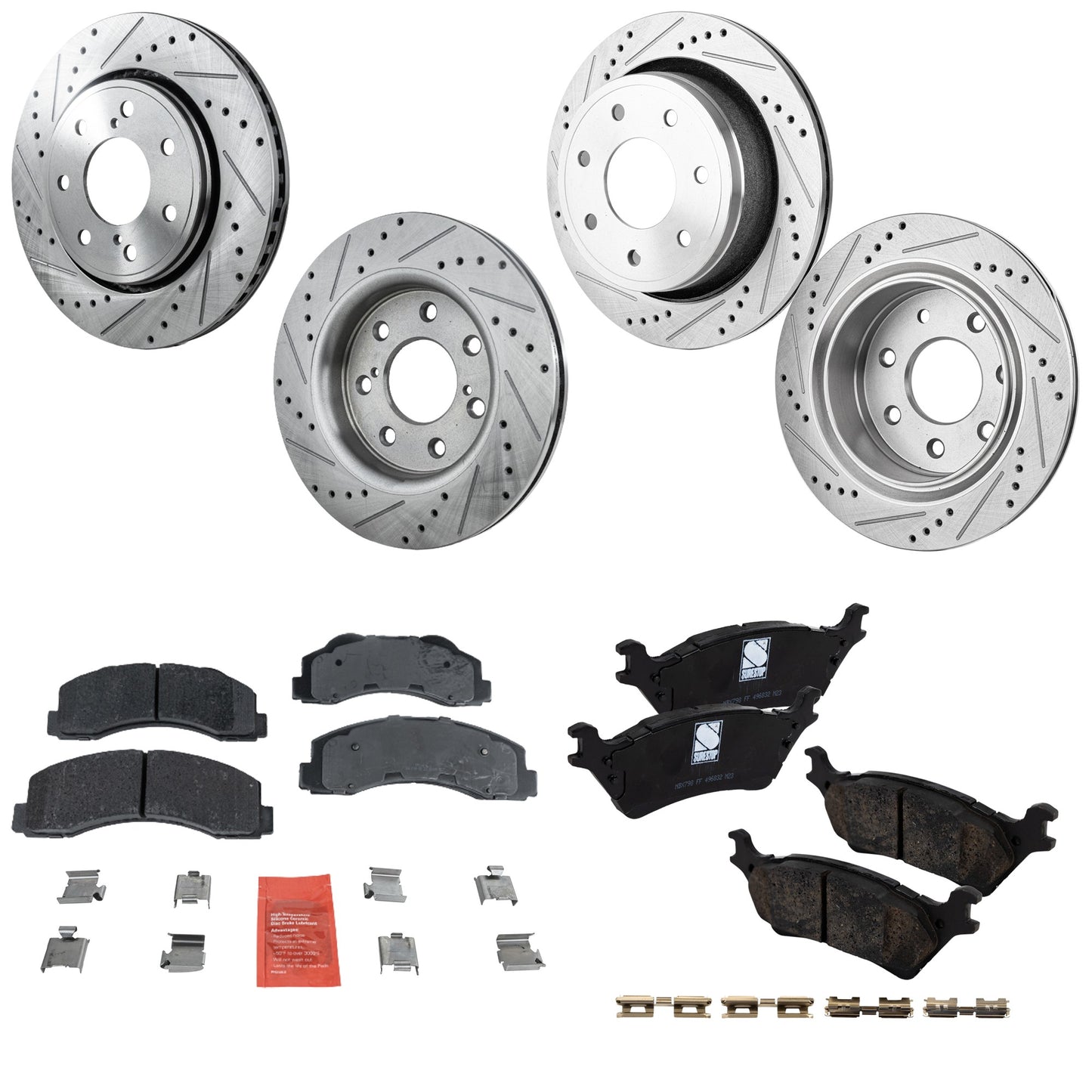 4-Wheel Set Front and Rear Brake Disc and Pad Kit, Cross-drilled and Slotted, 7 Lugs, Ceramic, Pro-Line Series , includes (4) Brake Disc and (2) Brake Pad Set