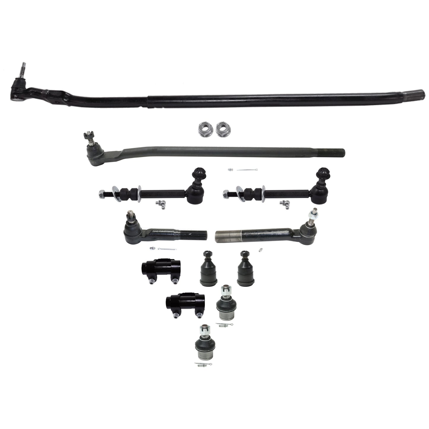 12-Piece Kit Front, Driver and Passenger Side, Outer Tie Rod End Includes (4) Ball Joint, (1) Drag Link, (2) Sway Bar Link, (2) Tie Rod Adjusting Sleeve, and (3) Tie Rod End