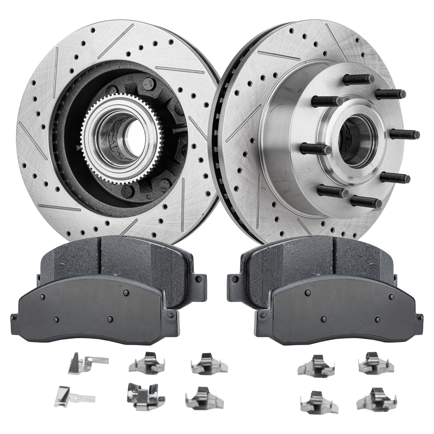 2-Wheel Set Front Brake Disc and Pad Kit, Cross-drilled and Slotted 8 Lugs 347 mm Semi-metallic RWD Pro-Line Series, Includes (1) Brake Pad Set and (2) Brake Disc