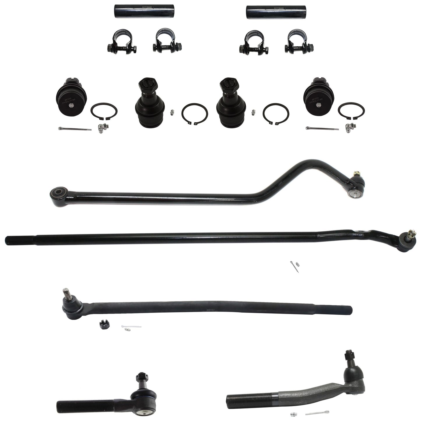 11-Piece Kit Front, Driver and Passenger Side, Inner and Outer Tie Rod End, Includes (4) Tie Rod End, (1) Track Bar, (4) Ball Joint and (2) Tie Rod Adjusting Sleeve