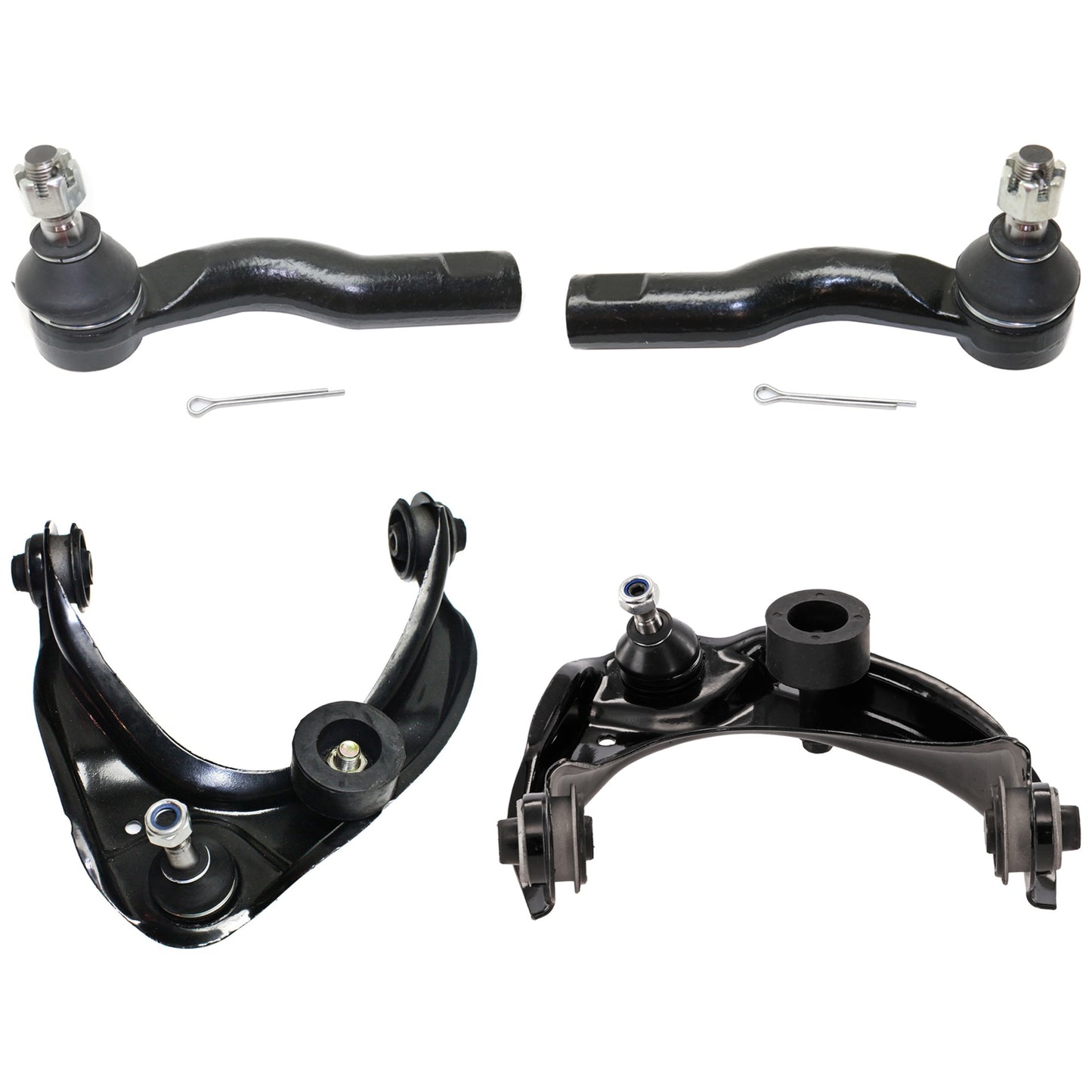 4-Piece Kit Front, Driver and Passenger Side, Upper Control Arm, includes (2) Control Arm and (2) Tie Rod End