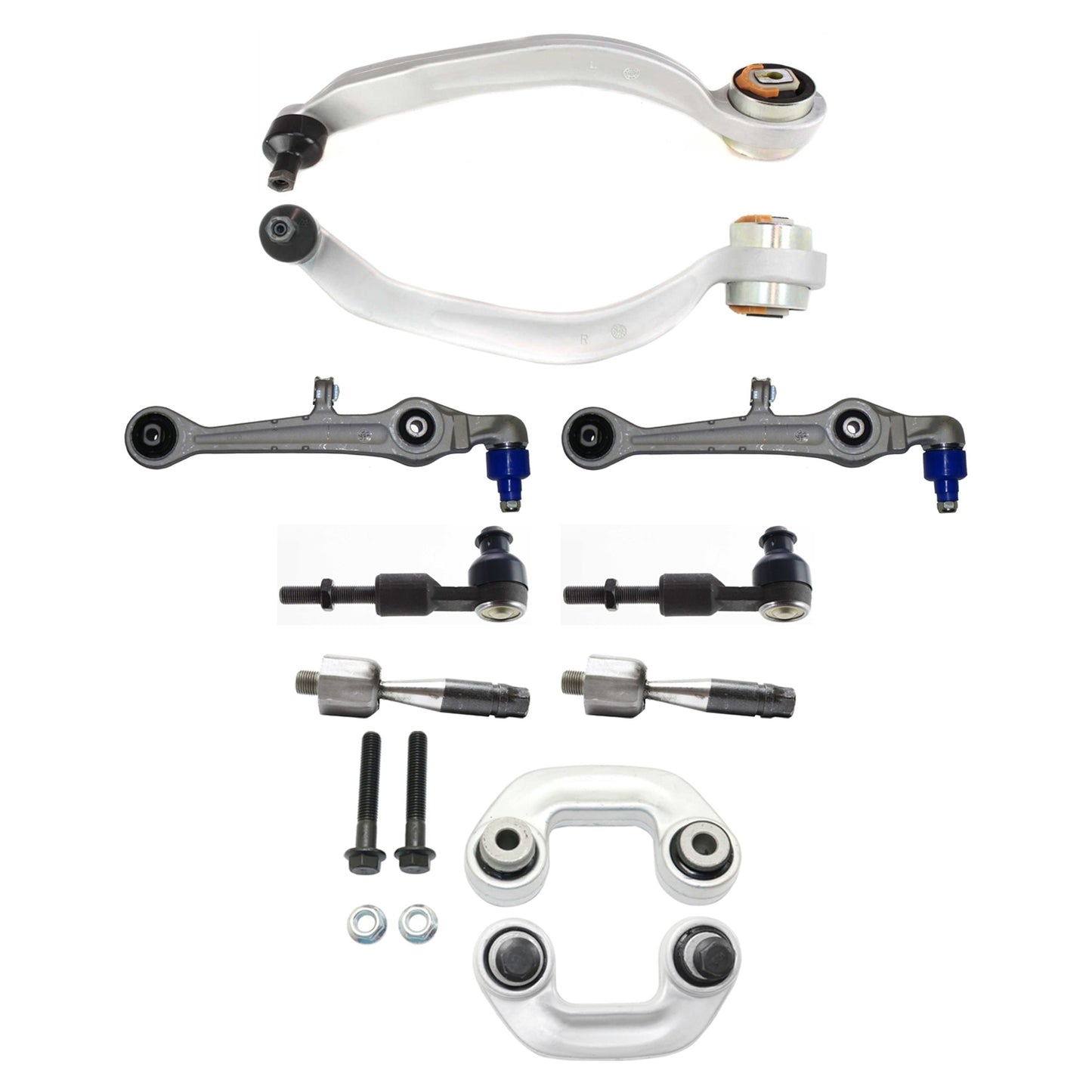 10-Piece Kit Front, Driver and Passenger Side, Lower, Frontward and Rearward Control Arm, Includes (4) Control Arm, (2) Sway Bar Link and (4) Tie Rod End
