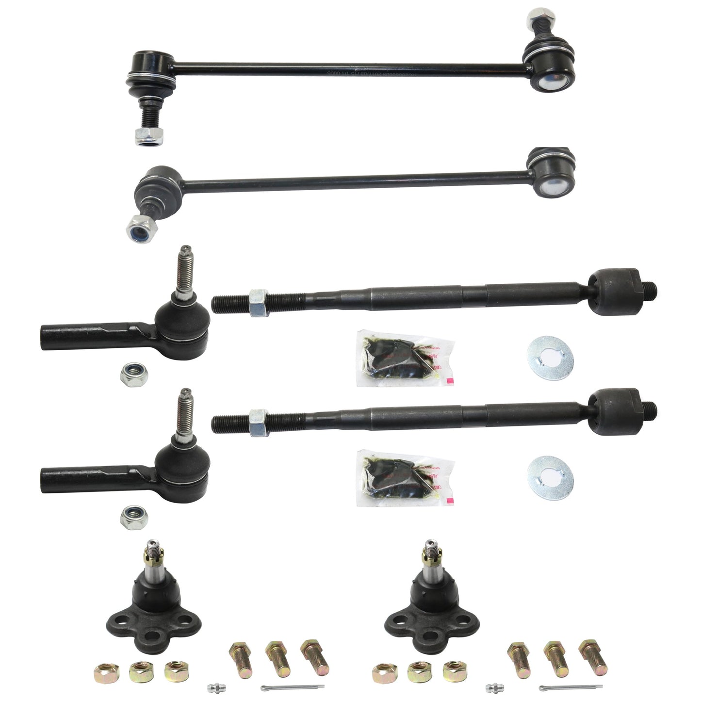8-Piece Kit Front, Driver and Passenger Side, Inner and Outer Tie Rod End, Includes (4) Tie Rod End, (2) Ball Joint and (2) Sway Bar Link