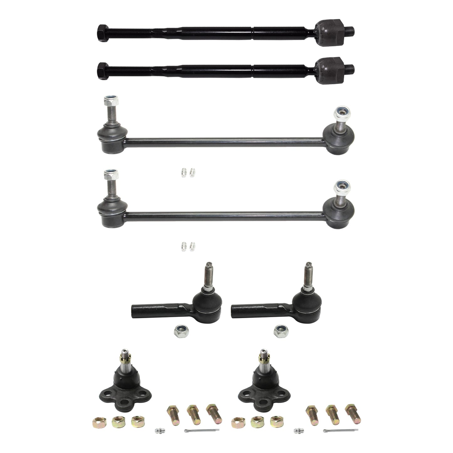 8-Piece Kit Front, Driver and Passenger Side, Inner and Outer Tie Rod End, Includes (4) Tie Rod End, (2) Sway Bar Link and (2) Ball Joint
