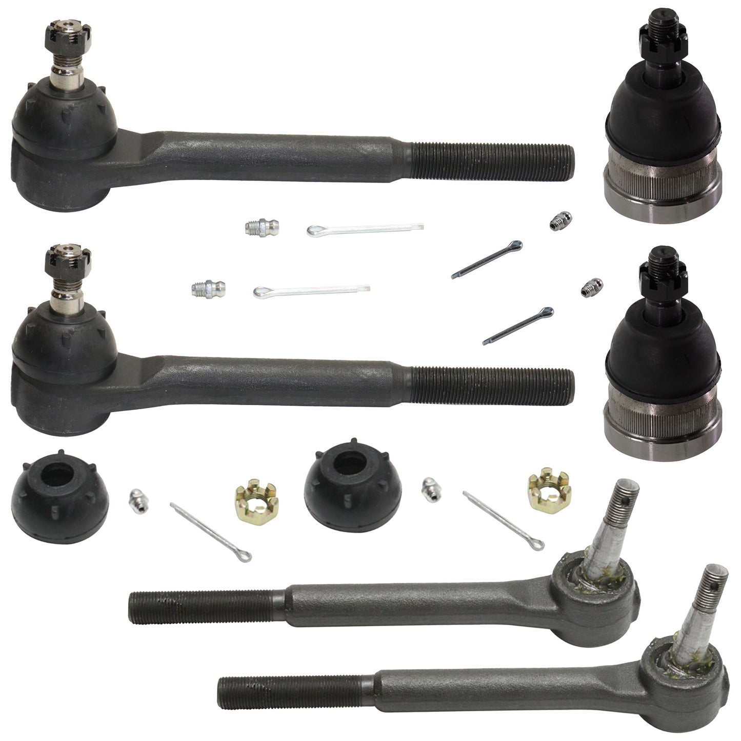6-Piece Kit Front, Driver and Passenger Side, Lower Ball Joint, includes (2) Ball Joint and (4) Tie Rod End