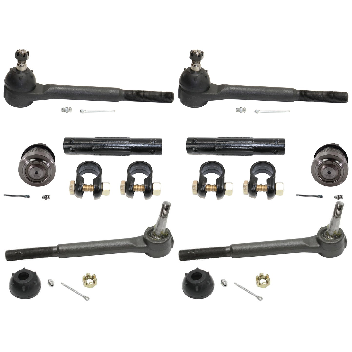 8-Piece Kit Front, Driver and Passenger Side, Lower Ball Joint, includes (2) Ball Joint, (2) Tie Rod Adjusting Sleeve, and (4) Tie Rod End