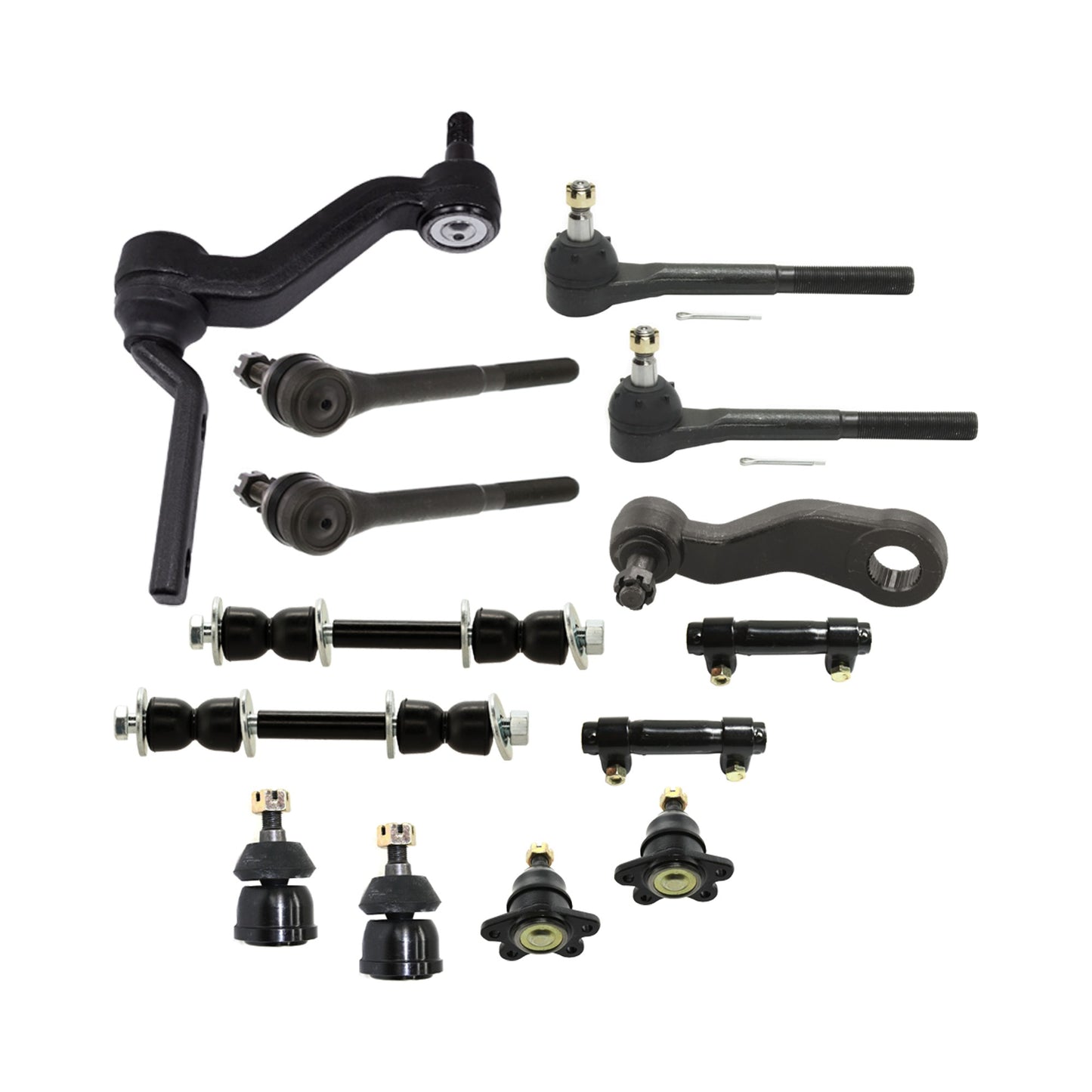 14-Piece Kit Front Idler Arm, Includes (4) Ball Joint, (1) Idler Arm, (1) Pitman Arm, (2) Sway Bar Link, (2) Tie Rod Adjusting Sleeve, and (4) Tie Rod End