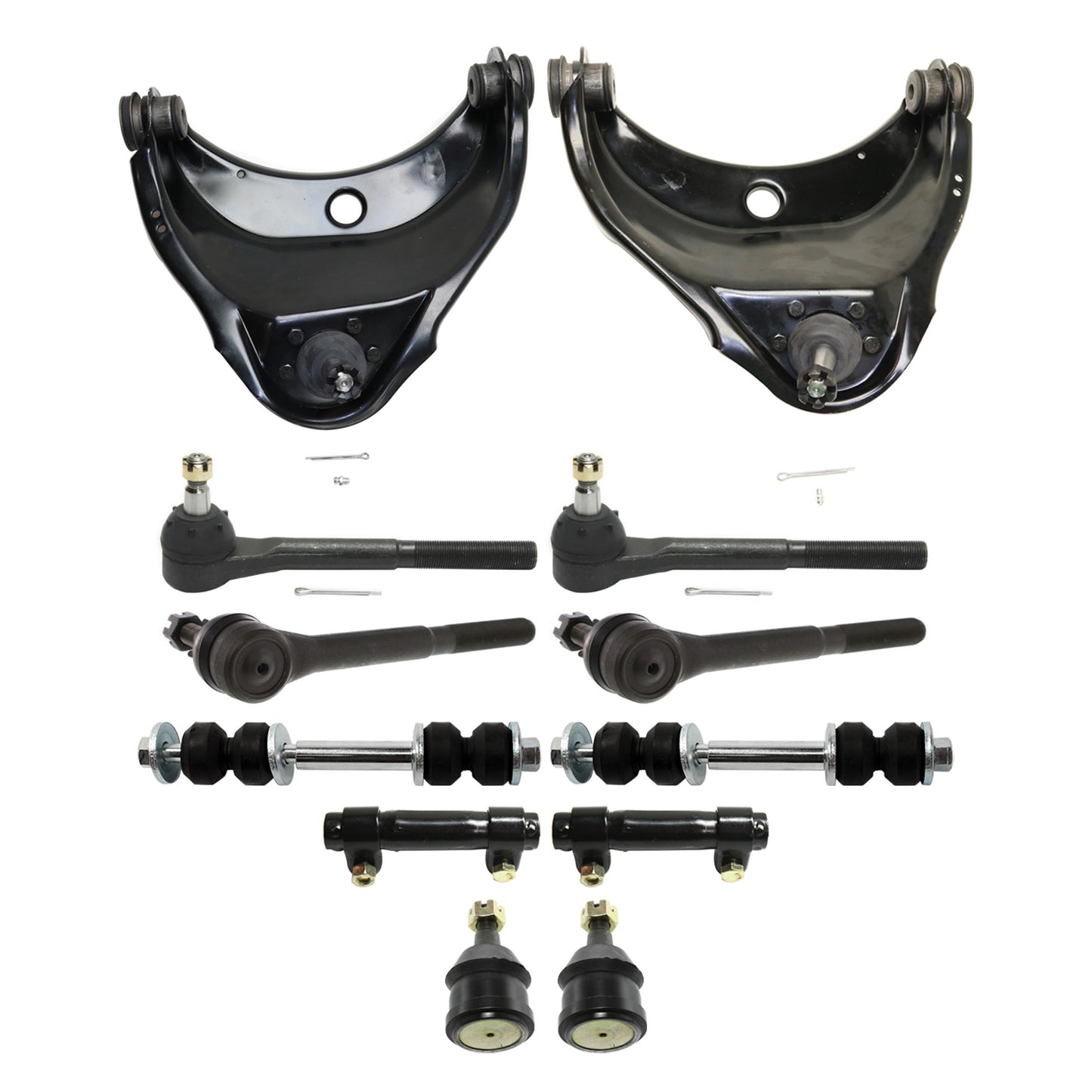 12-Piece Kit Front, Driver and Passenger Side, Upper Control Arms with Ball Joints, Sway Bar Links, Tie Rod Ends, and Tie Rod Adjusting Sleeve, RWD
