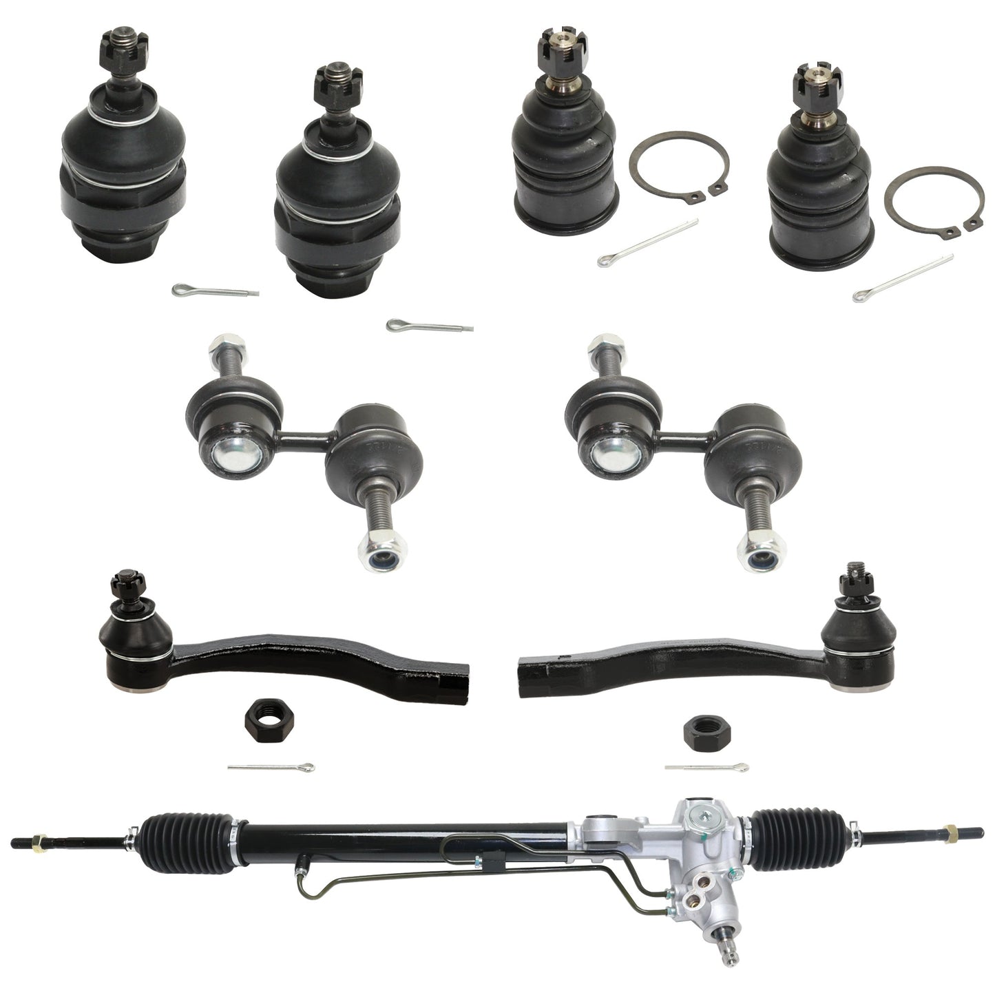 9-Piece Kit Steering Rack, Power, Includes (1) Steering Rack, (4) Ball Joint, (2) Tie Rod End and (2) Sway Bar Link