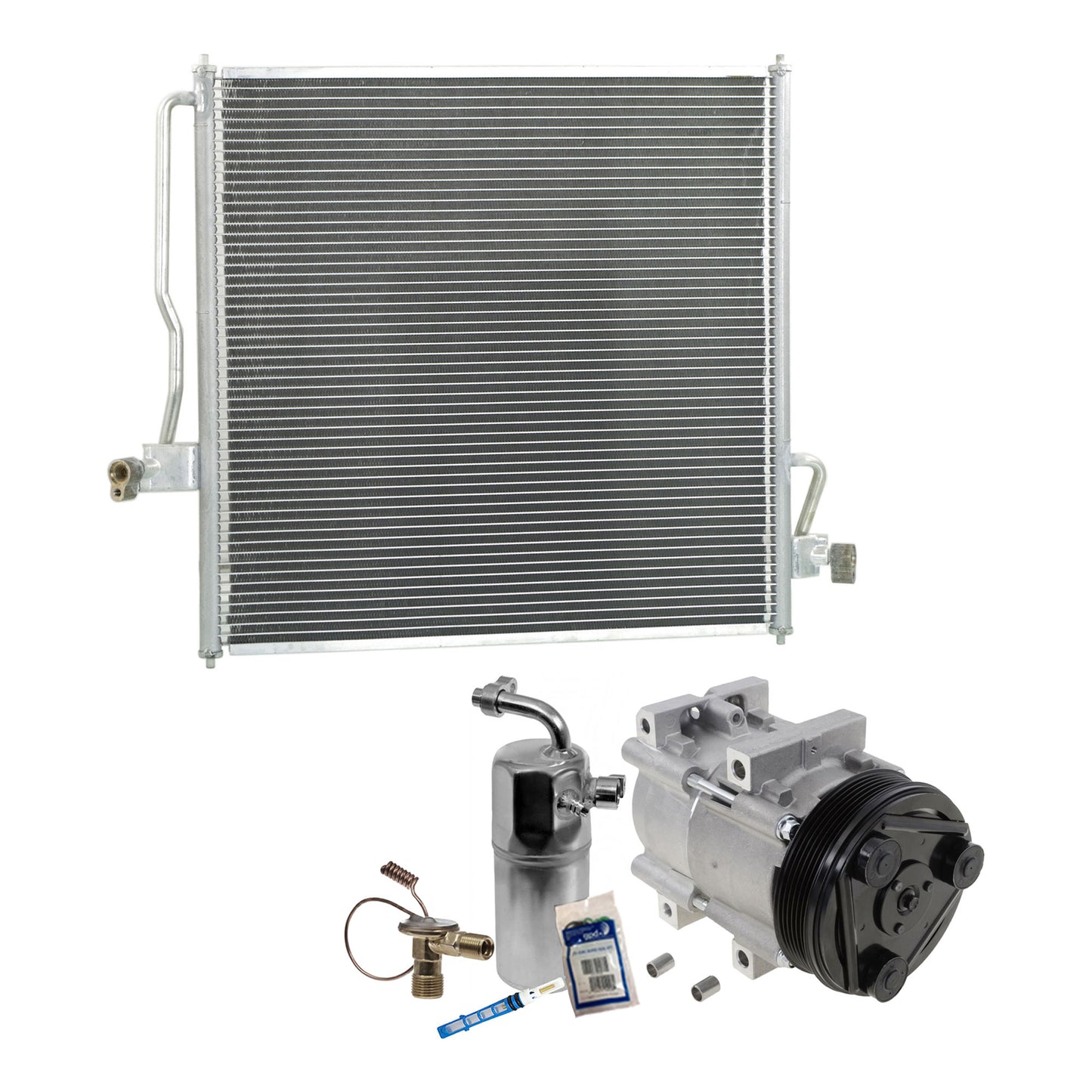 Комплект из 3-х компонентов: компрессор кондиционера, с муфтой, 6-канавочным шкивом, включает в себя (1) компрессор кондиционера, (1) конденсатор кондиционера и (1) комплект для обслуживания кондиционера