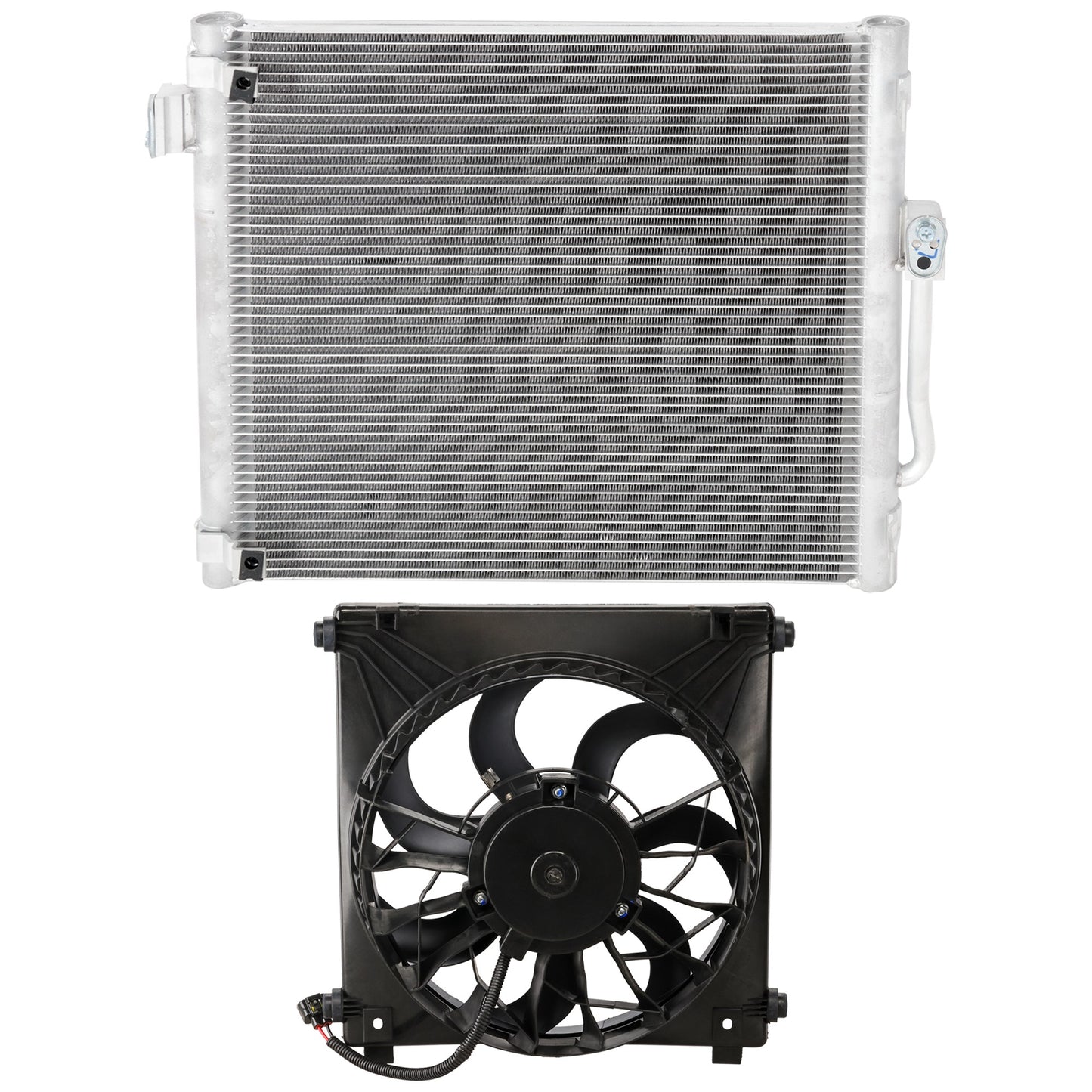 2-Piece Kit A/C Condenser, Includes (1) A/C Condenser and (1) Cooling Fan Assembly
