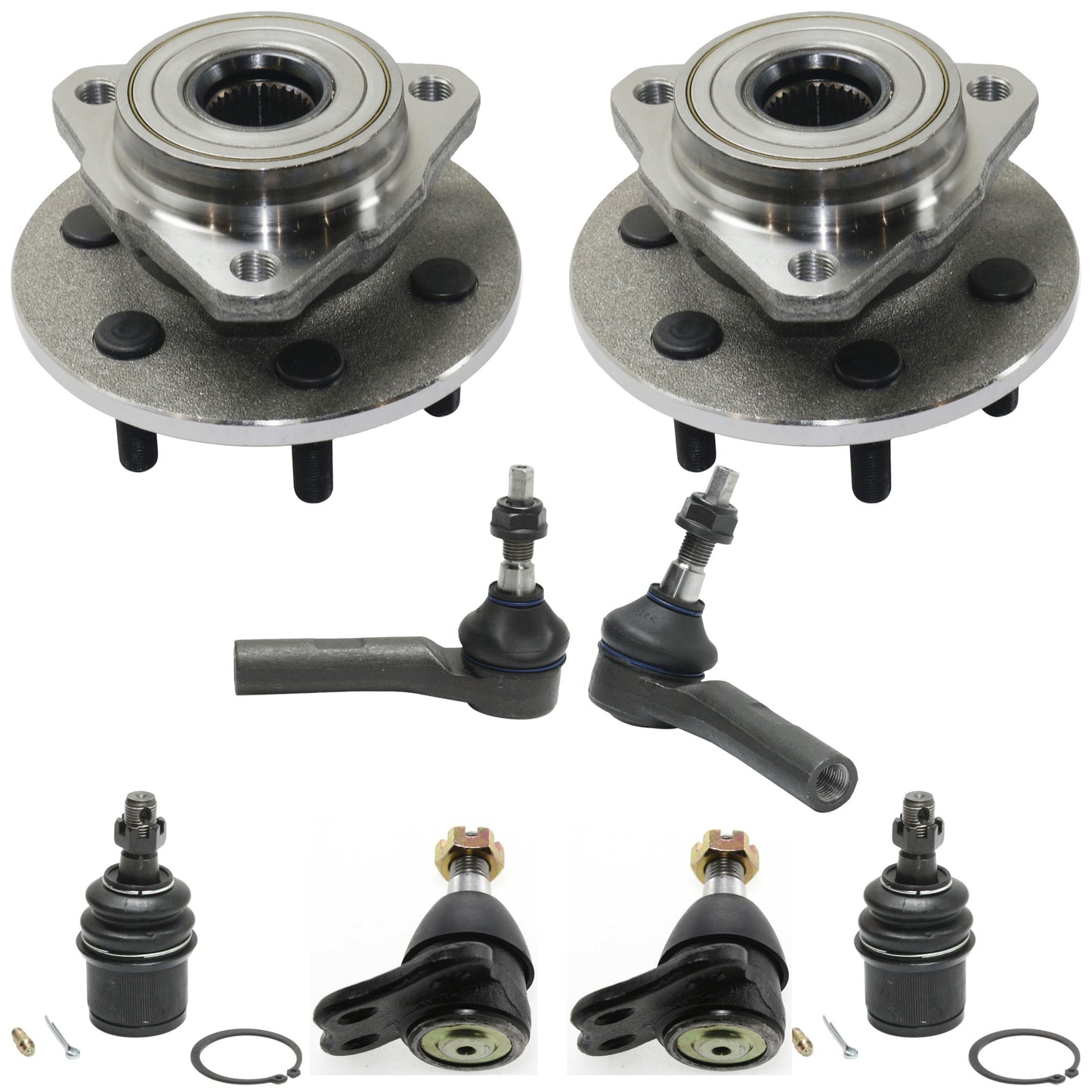 2-Wheel Set Front Wheel Hub, 6 Lugs, With Bearing, 4WD, Includes (4) Ball Joint, (2) Tie Rod End and (2) Wheel Hub