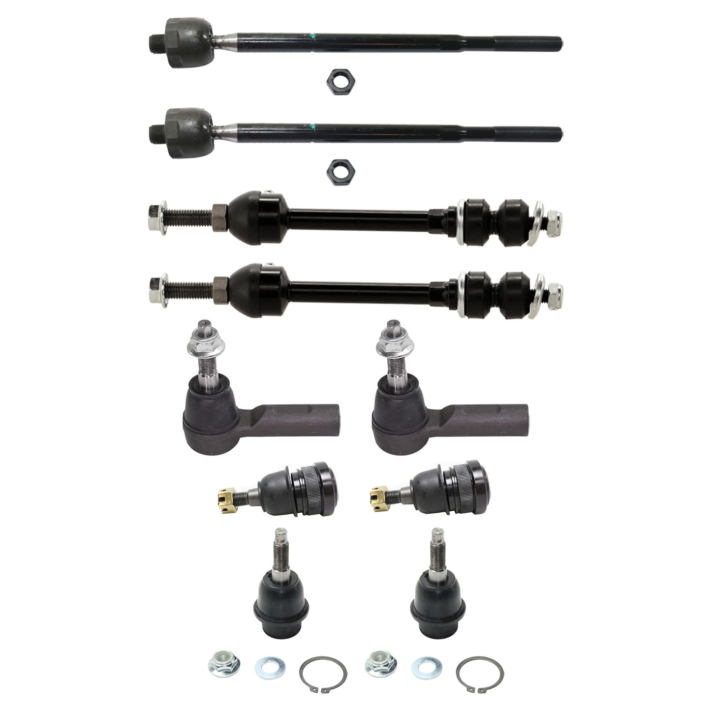 10-Piece Kit Front, Driver and Passenger Side, Upper and Lower Ball Joint, includes (4) Ball Joint, (2) Sway Bar Link, and (4) Tie Rod End