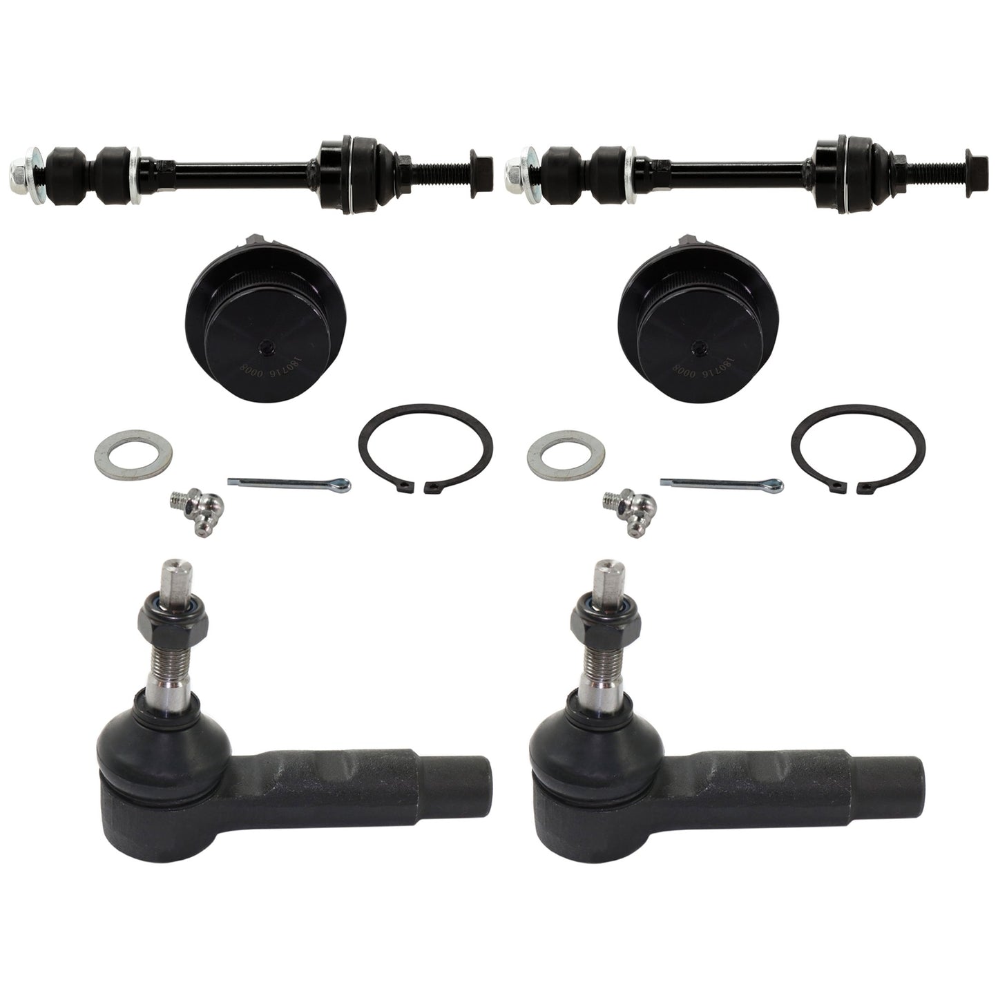 6-Piece Kit Front, Driver and Passenger Side, Lower Ball Joint, includes (2)Ball Joint, (2)Tie Rod End and (2)Sway Bar Link