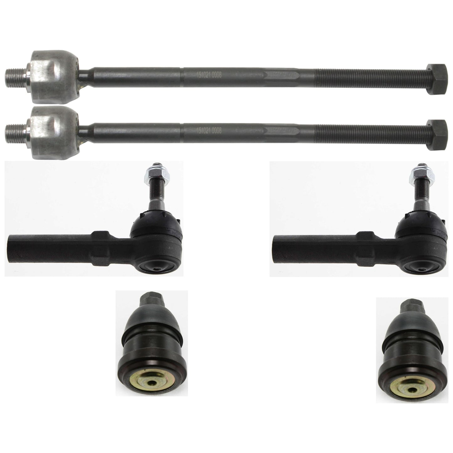 6-Piece Kit Front, Driver and Passenger Side, Lower Ball Joint, includes (2) Ball Joint and (4) Tie Rod End