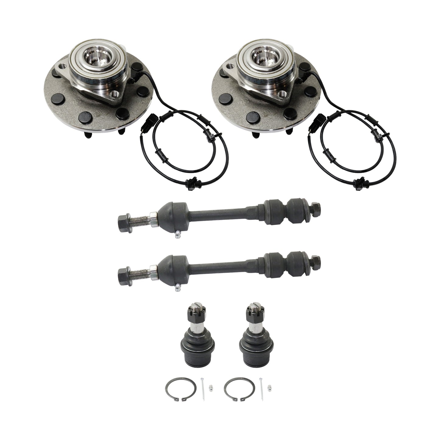 2-Wheel Set Front, Driver and Passenger Side Wheel Hub, 8 Lugs, With Bearing, With Sensor, RWD, Includes (2) Ball Joint, (2) Sway Bar Link and (2) Wheel Hub