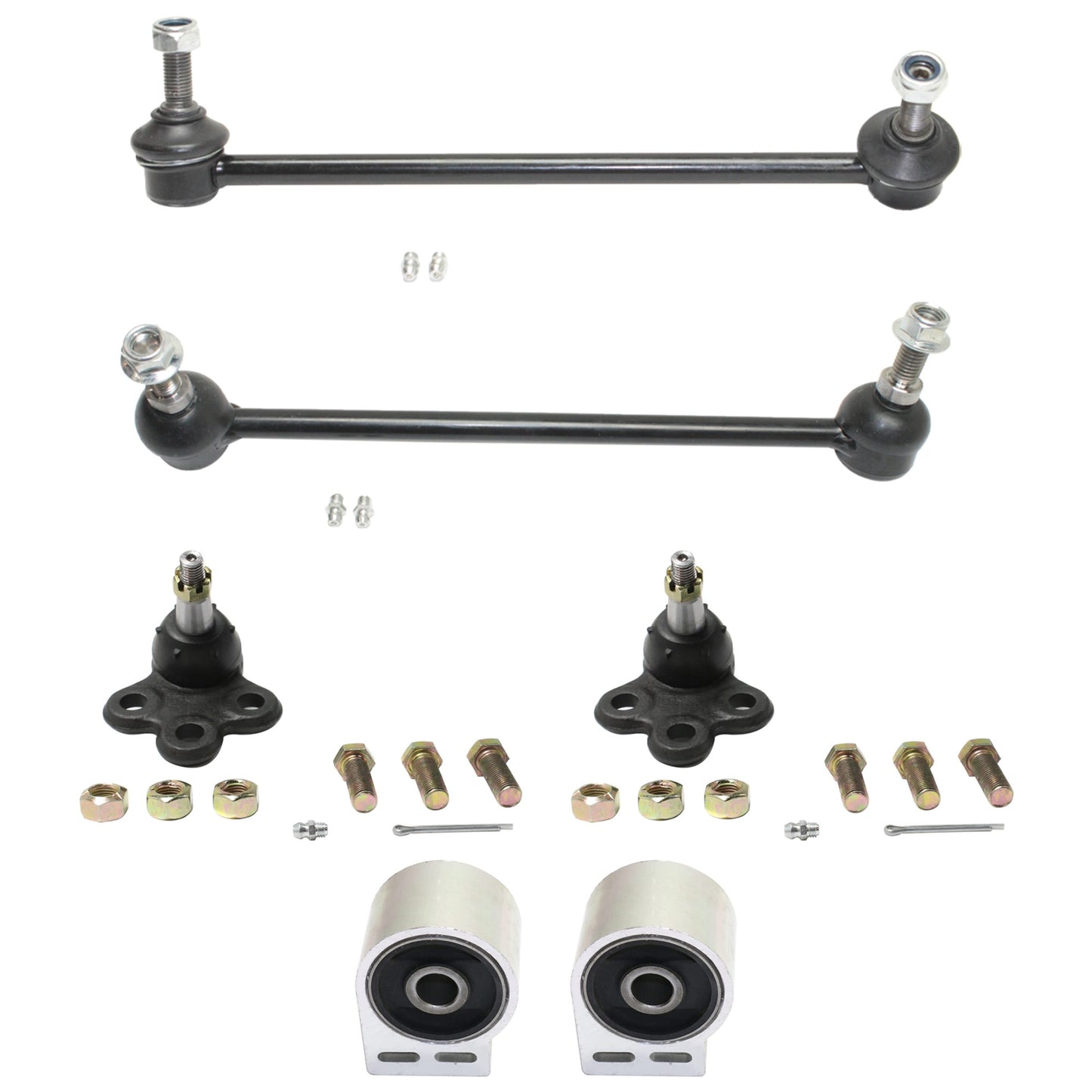 6-Piece Kit Front, Driver and Passenger Side, Lower, Rearward Control Arm Bushings, Includes (2) Ball Joint, (2) Control Arm Bushing, and (2) Sway Bar Link