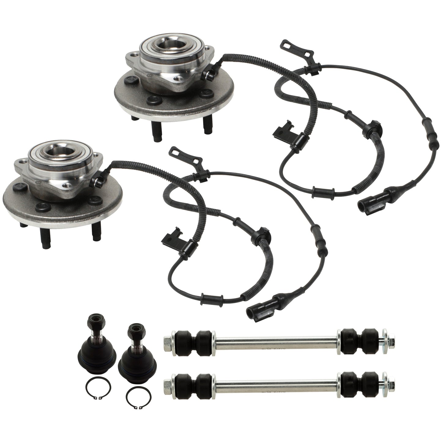 6-Piece Kit Front, Driver and Passenger Side Suspension Kit, Includes (2) Ball Joint, (2) Sway Bar Link, and (2) Wheel Hub