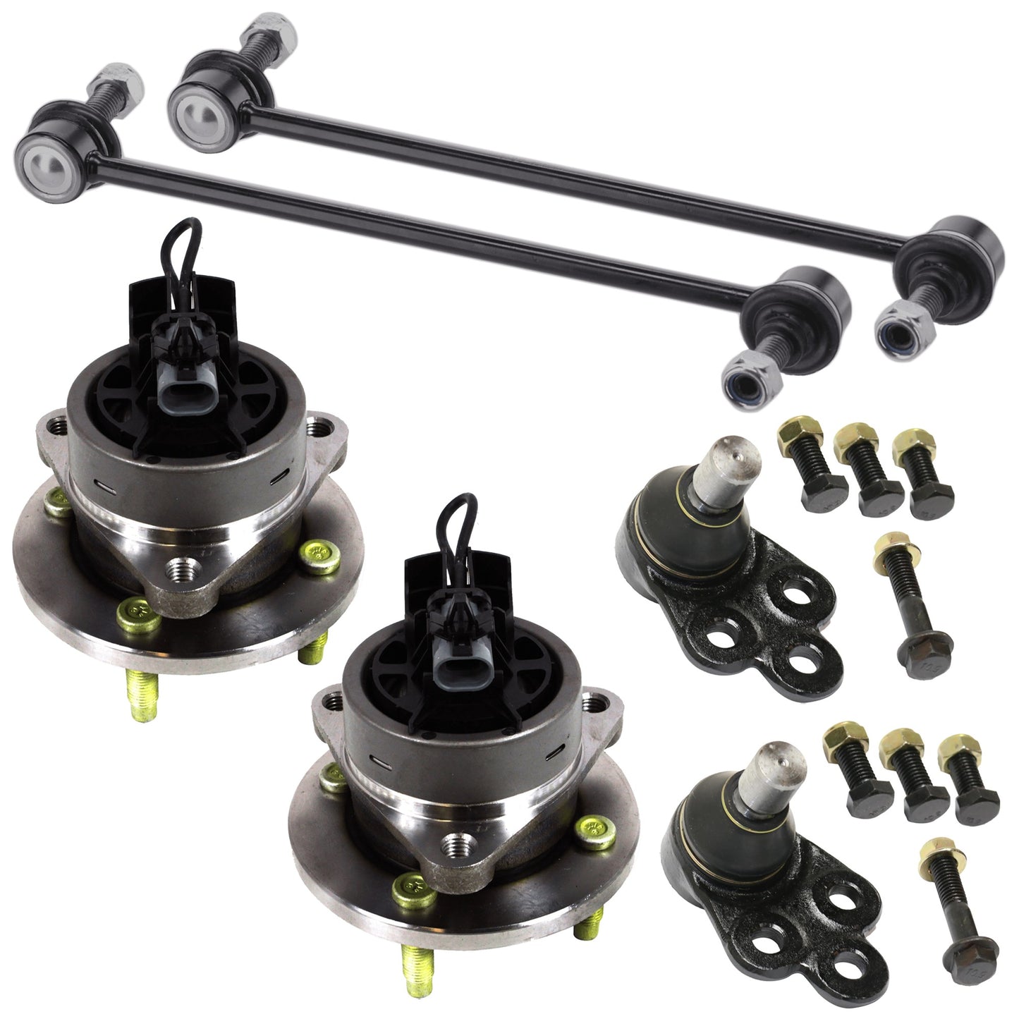 6-Piece Kit Front, Driver and Passenger Side Suspension Kit, Includes (2) Ball Joint, (2) Sway Bar Link, and (2) Wheel Hub