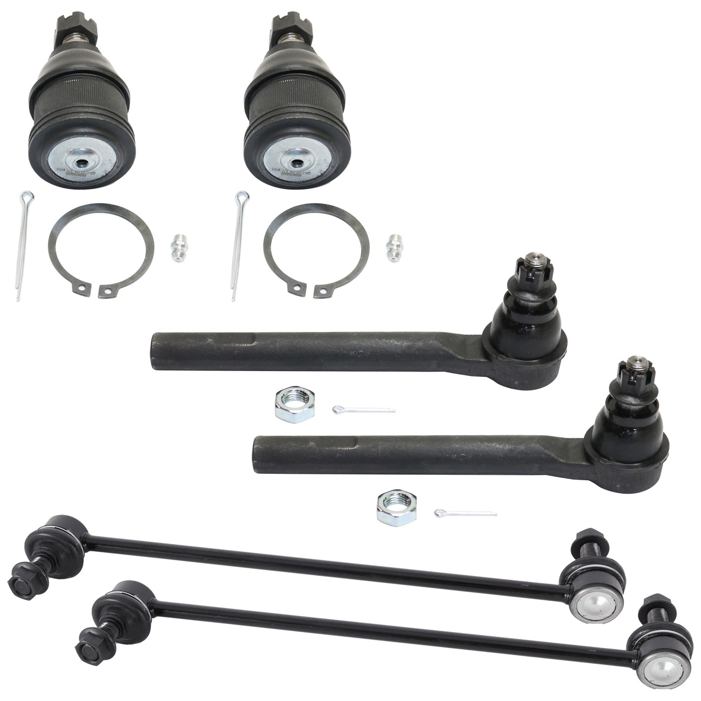 Комплект из 6 деталей для передней подвески со стороны водителя и пассажира, включает в себя (2) шаровых шарнира, (2) тяги стабилизатора поперечной устойчивости и (2) наконечника рулевой тяги