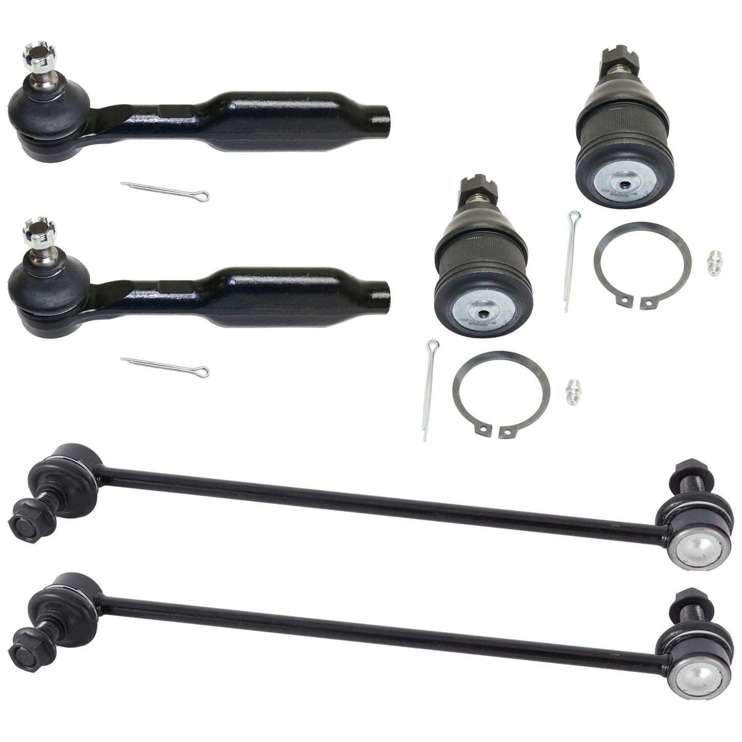 6-Piece Kit Front, Driver and Passenger Side Suspension Kit, Includes (2) Ball Joint, (2) Sway Bar Link, and (2) Tie Rod End