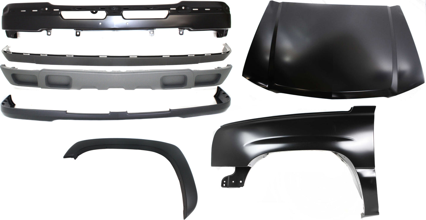 7-Piece Kit Front, Driver Side Fender, Includes (1) Bumper, (1) Bumper Cover, (1) Fender, (1) Fender Flares, (1) Hood and (2) Valance