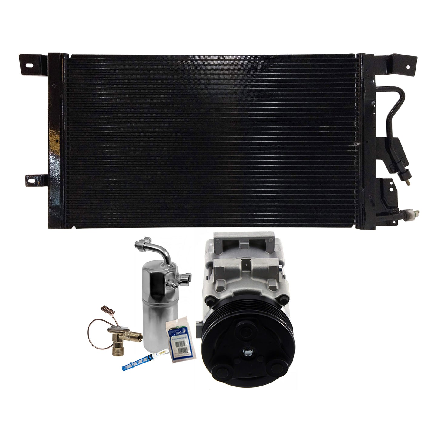 3-Piece Kit A/C Compressor Kit, With Clutch, 6-Groove Pulley, Includes (1) A/C Compressor, (1) A/C Condenser and (1) A/C Service Kit