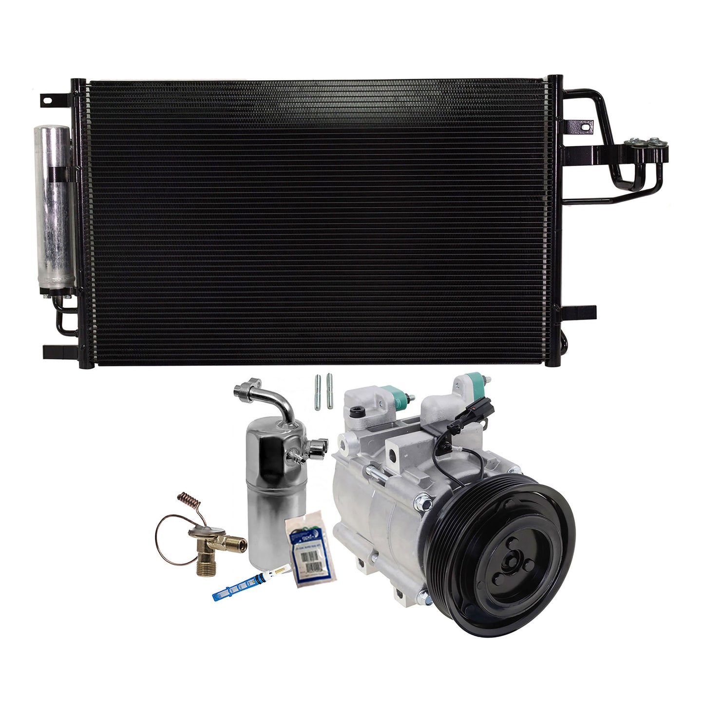 3-Piece Kit A/C Compressor Kit, With Clutch, 6-Groove Pulley, Includes (1) A/C Compressor, (1) A/C Condenser and (1) A/C Service Kit