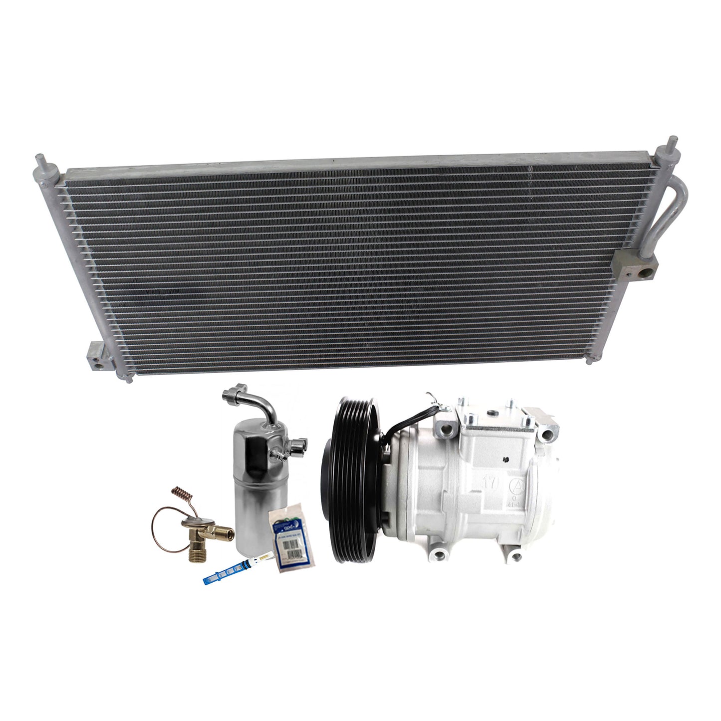 3-Piece Kit A/C Compressor Kit, With Clutch, 6-Groove Pulley, Includes (1) A/C Compressor, (1) A/C Condenser and (1) A/C Service Kit