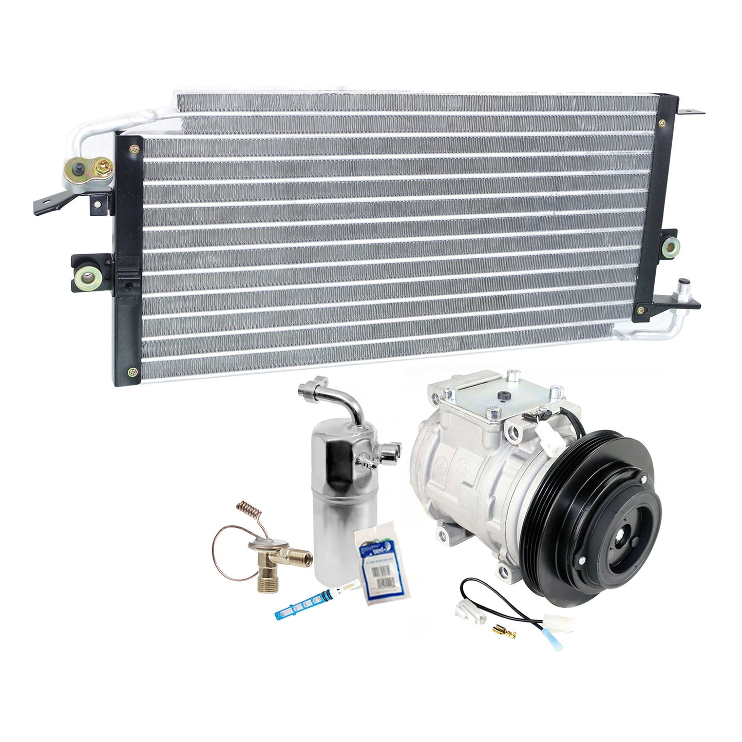 3-Piece Kit A/C Compressor Kit, With Clutch, 4-Groove Pulley, Includes (1) A/C Compressor, (1) A/C Condenser and (1) A/C Service Kit