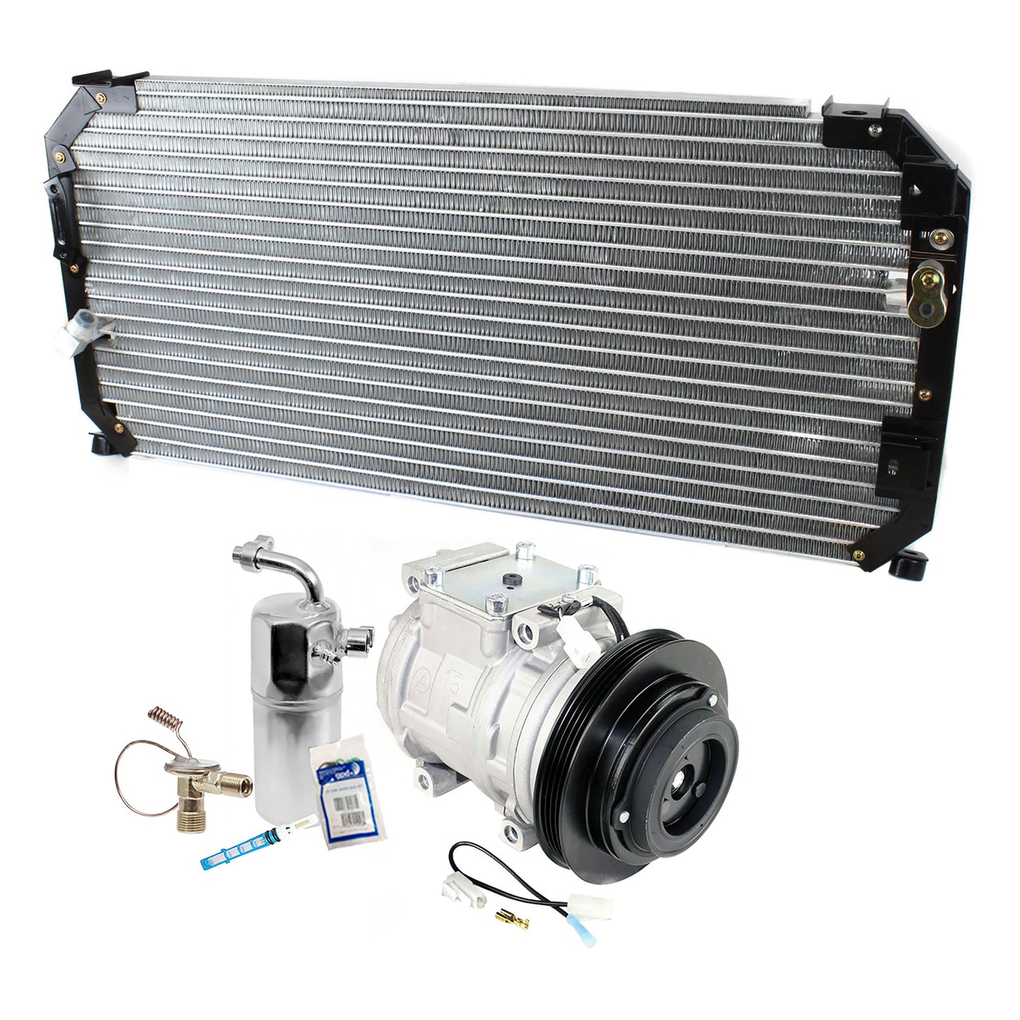3-Piece Kit A/C Compressor Kit, With Clutch, 4-Groove Pulley, Includes (1) A/C Compressor, (1) A/C Condenser and (1) A/C Service Kit