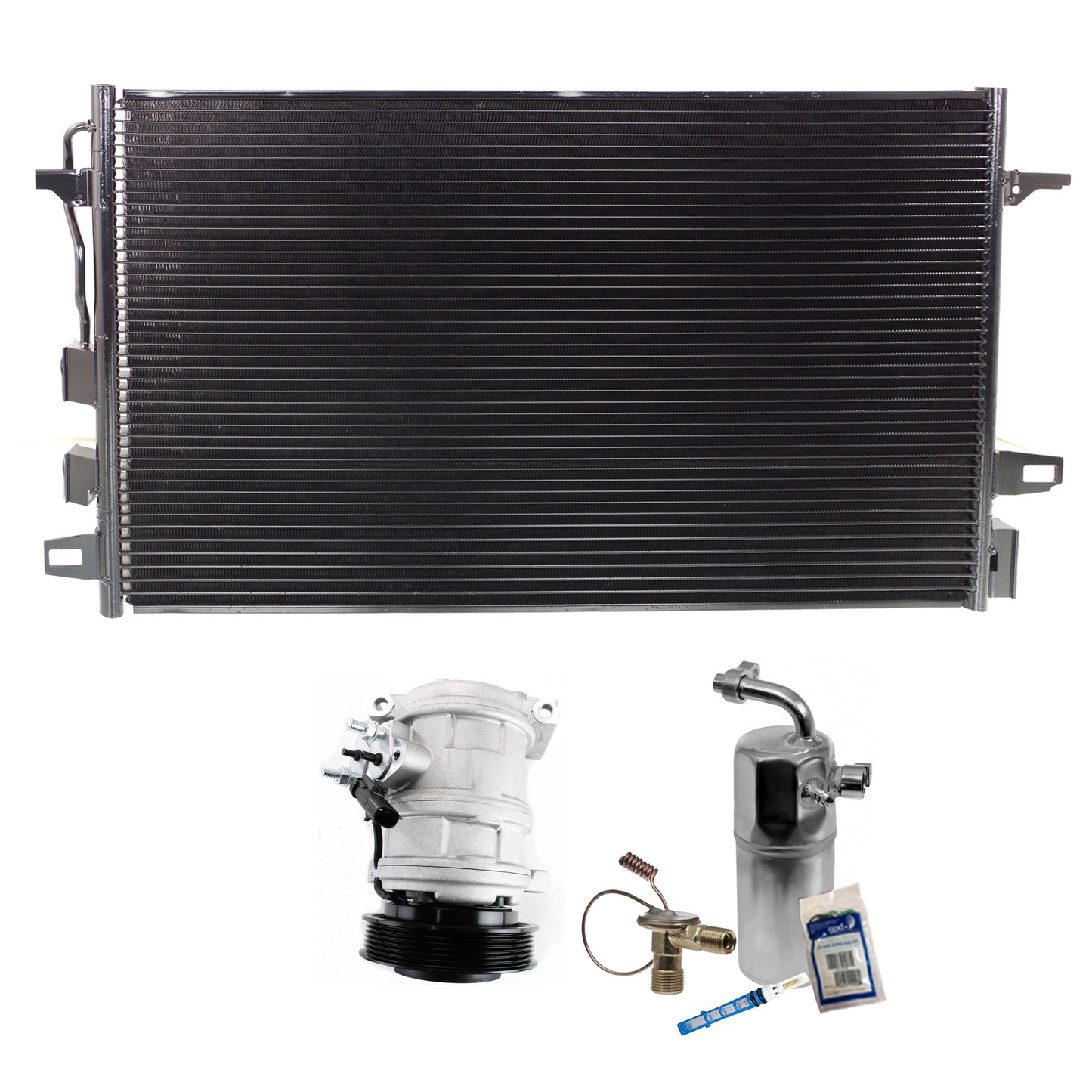 3-Piece Kit A/C Compressor Kit, With Clutch, 6-Groove Pulley, Includes (1) A/C Compressor, (1) A/C Condenser and (1) A/C Service Kit