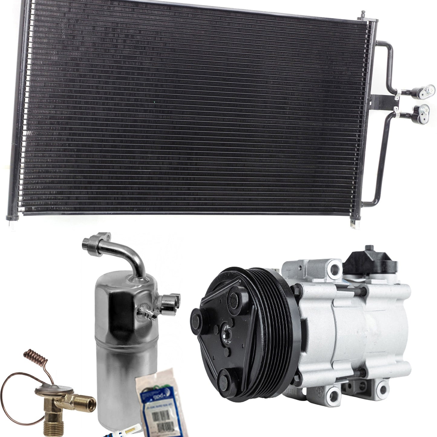 Комплект из 3-х компонентов: компрессор кондиционера, с муфтой, 6-канавочным шкивом, включает в себя (1) компрессор кондиционера, (1) конденсатор кондиционера и (1) комплект для обслуживания кондиционера